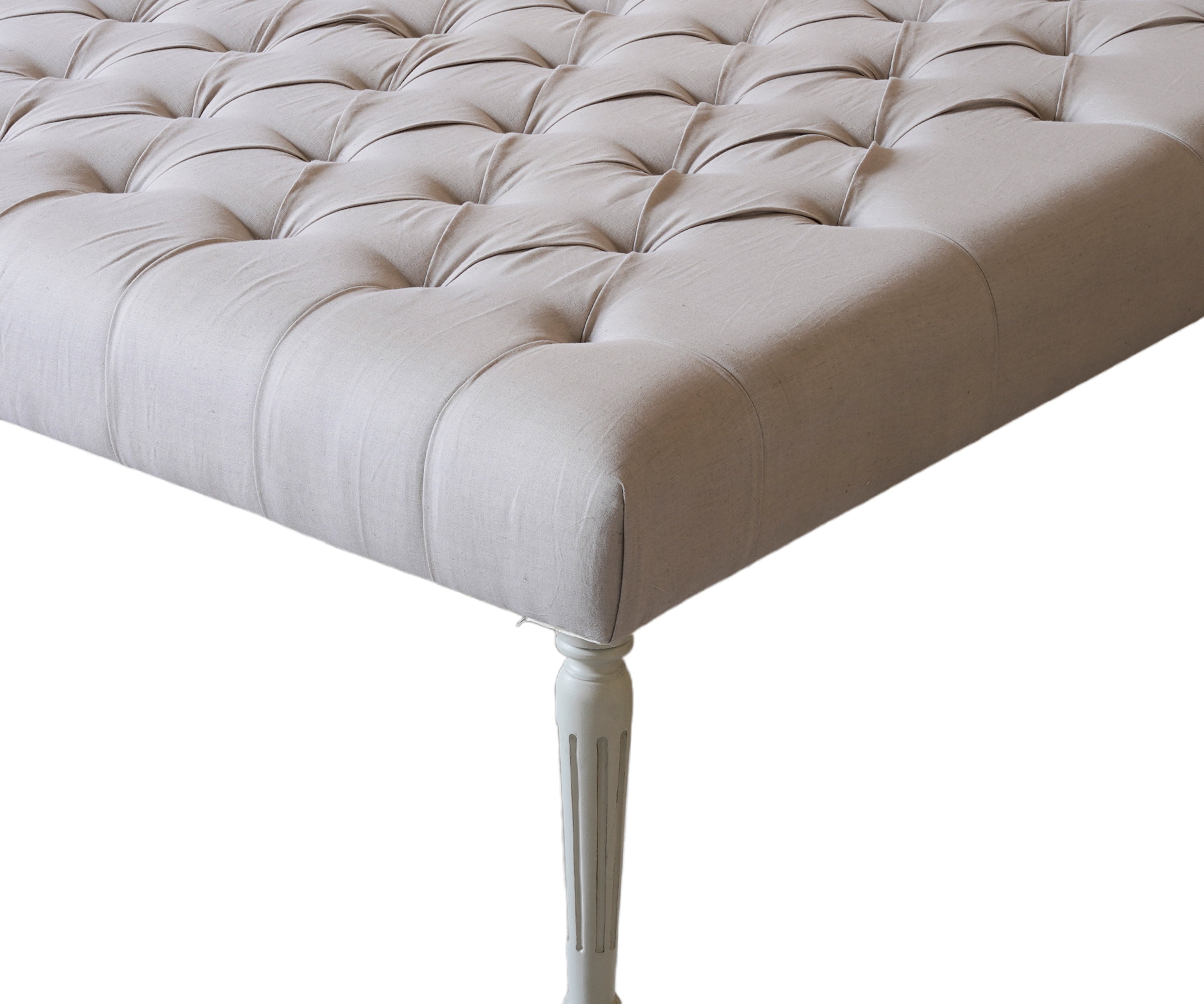 Grey Linen Tufted Ottoman with Fluted Wooden Legs