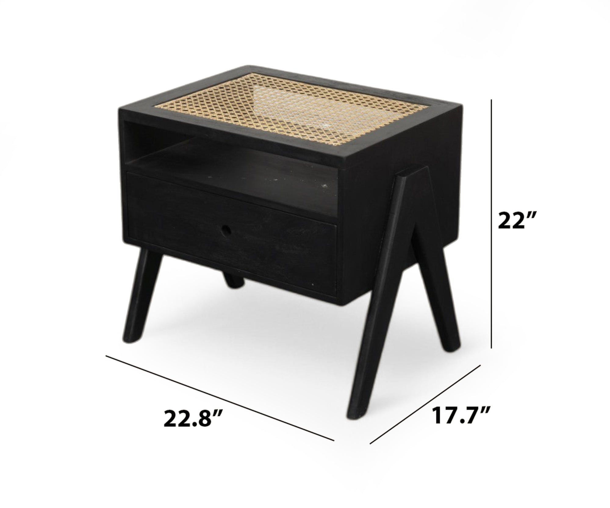 Black Cane Top V-Leg Bed Side Table with Drawer and Open Shelf