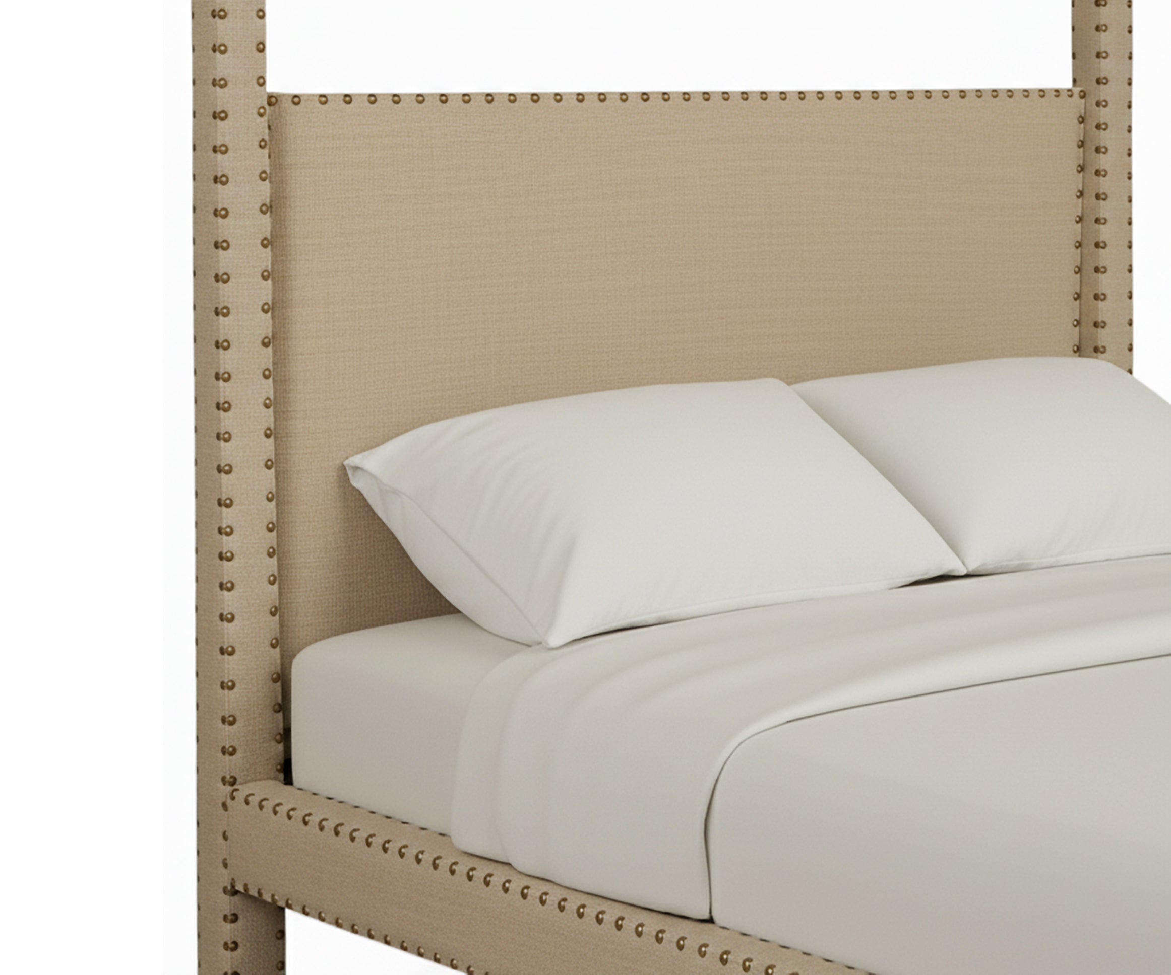 Elara Upholstered Acacia Wood Canopy Bed with Brass Nail Studs