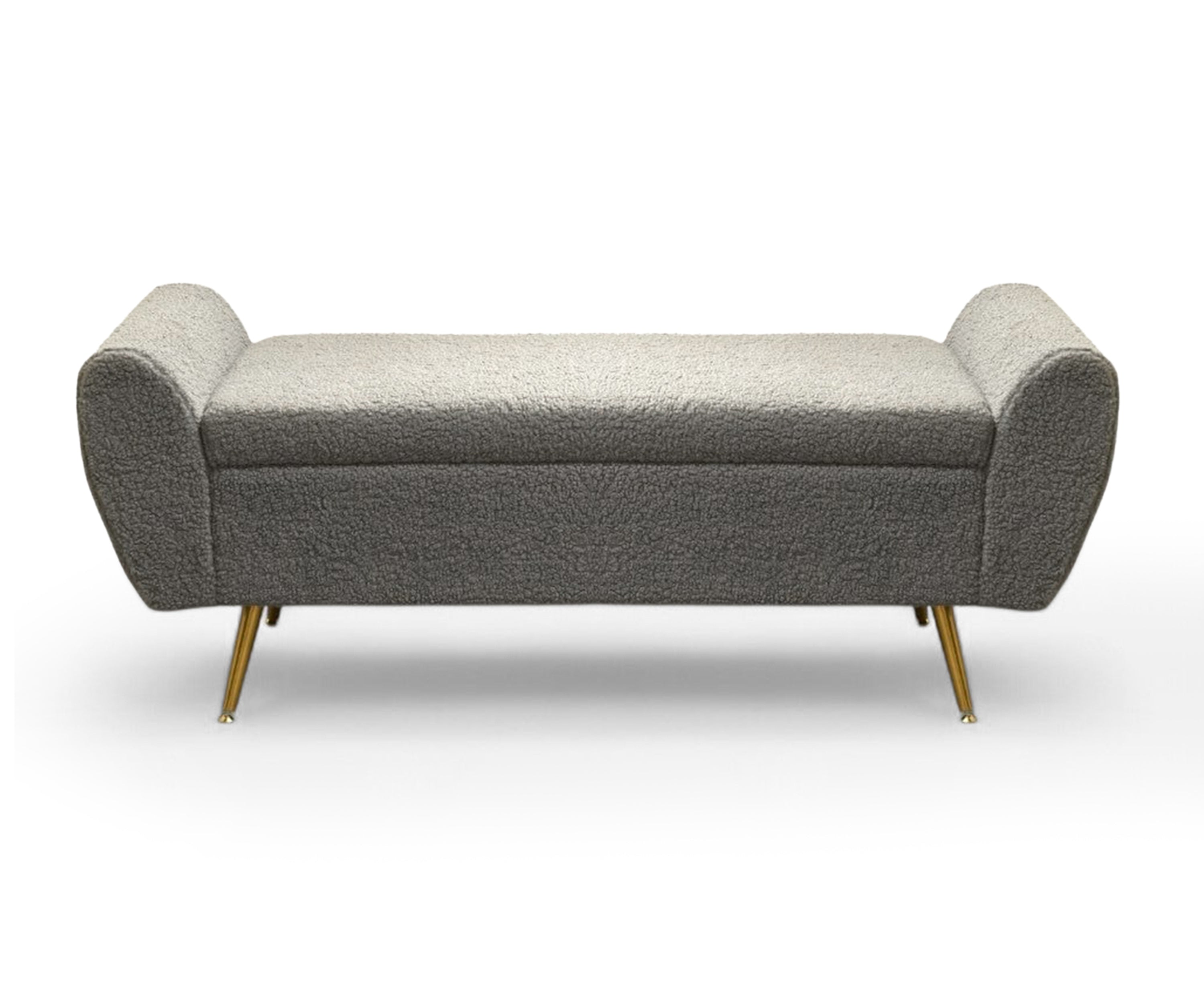 Grey Bouclé Storage Bench with Golden Metal Legs
