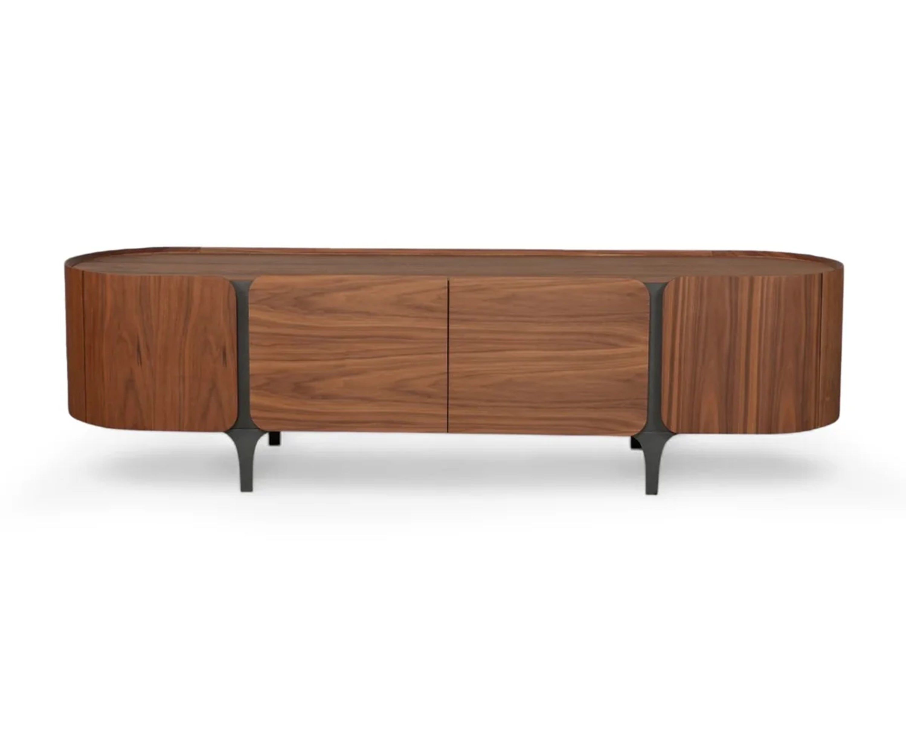 Modern Curved Walnut TV Unit with Storage Cabinets