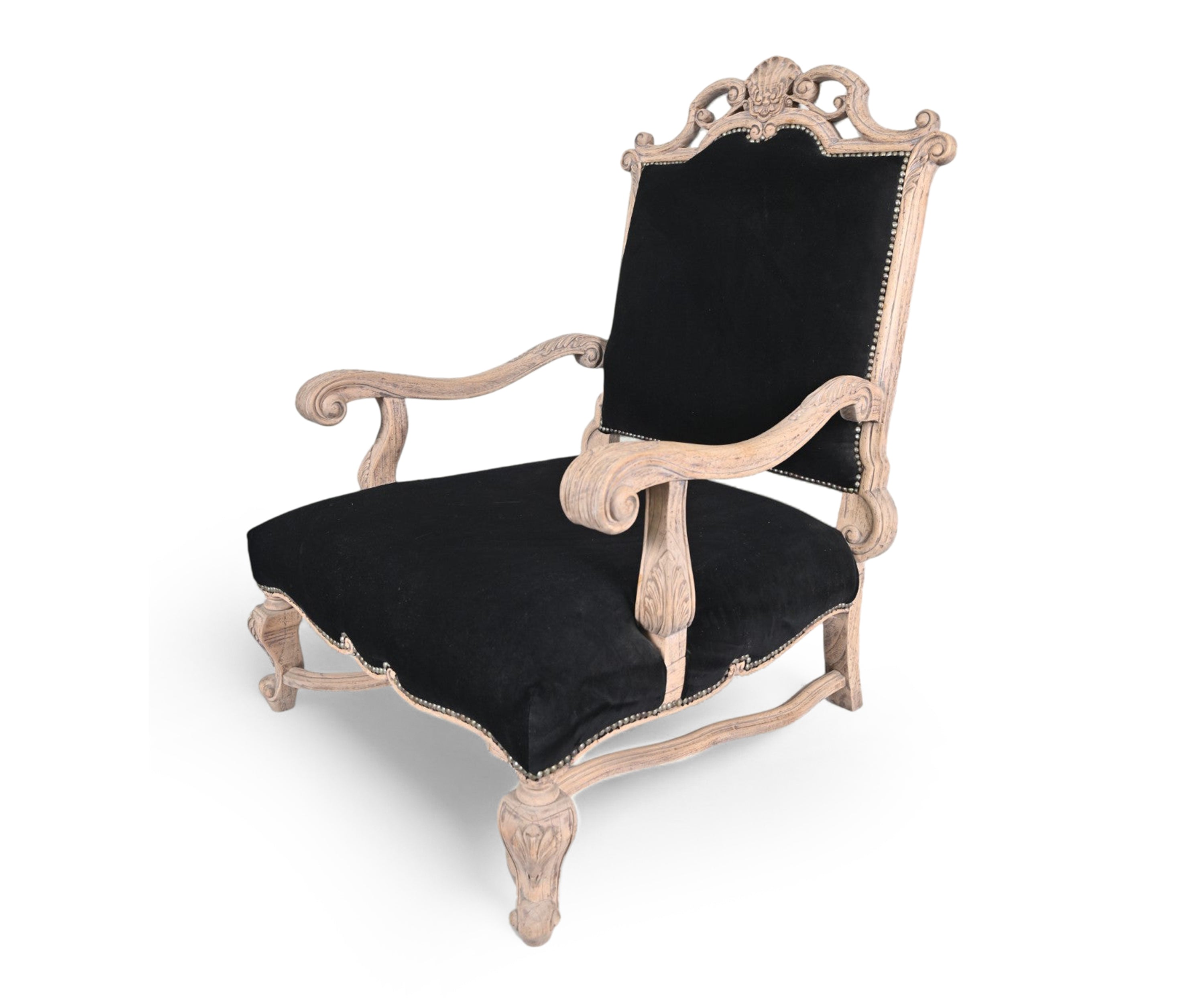 Black Velvet Antique French Carved Accent Chair with Brass Studs