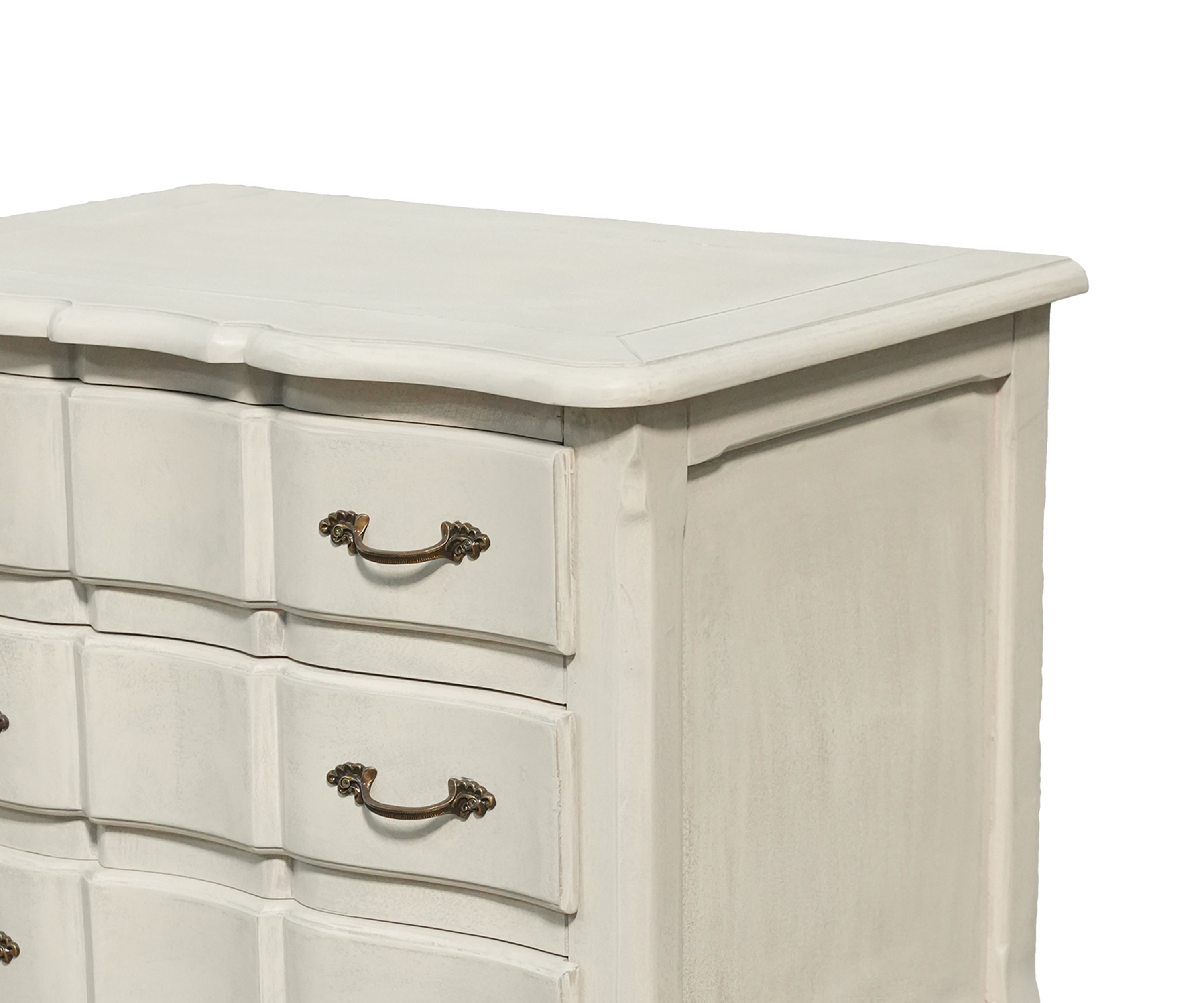 White Carved Three-Drawer Chest with Antique Brass Hardware