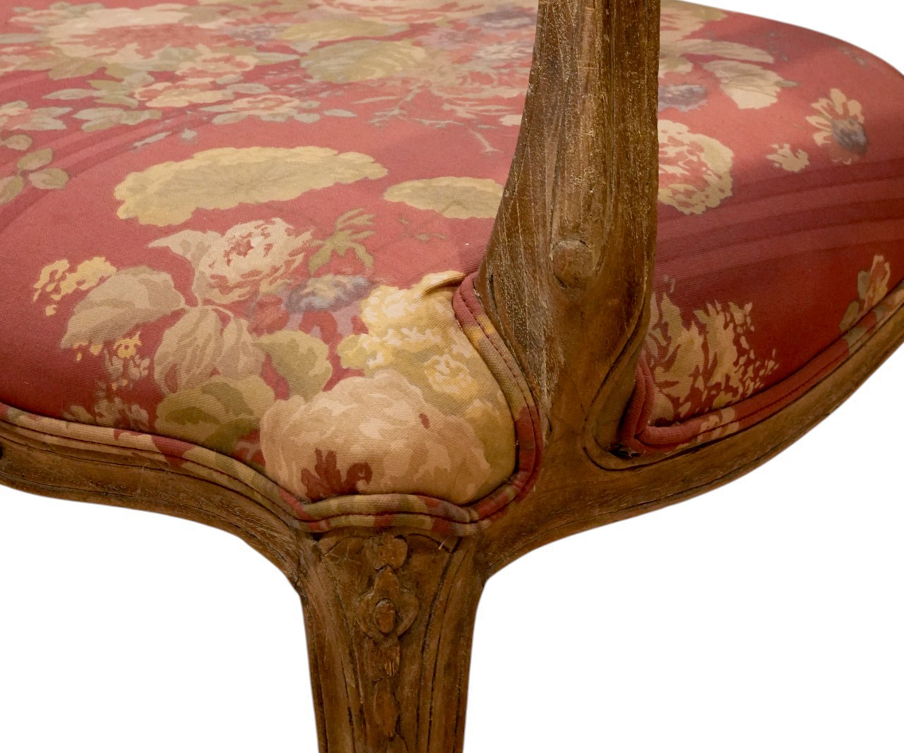French Floral Armchair with Carved Solid Wood Frame