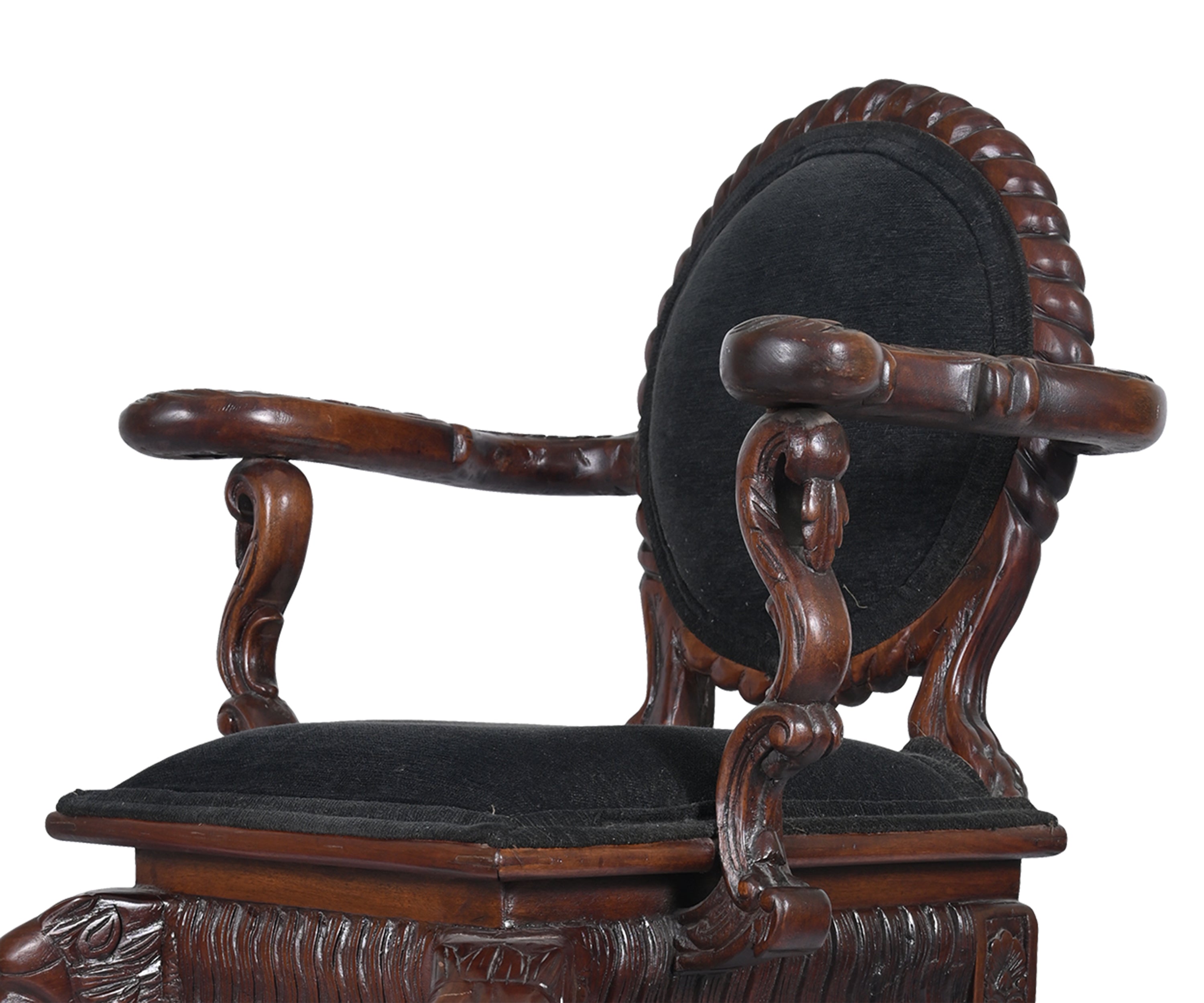 Antique Style Carved Wooden Bar Chair with Black Upholstered Seat