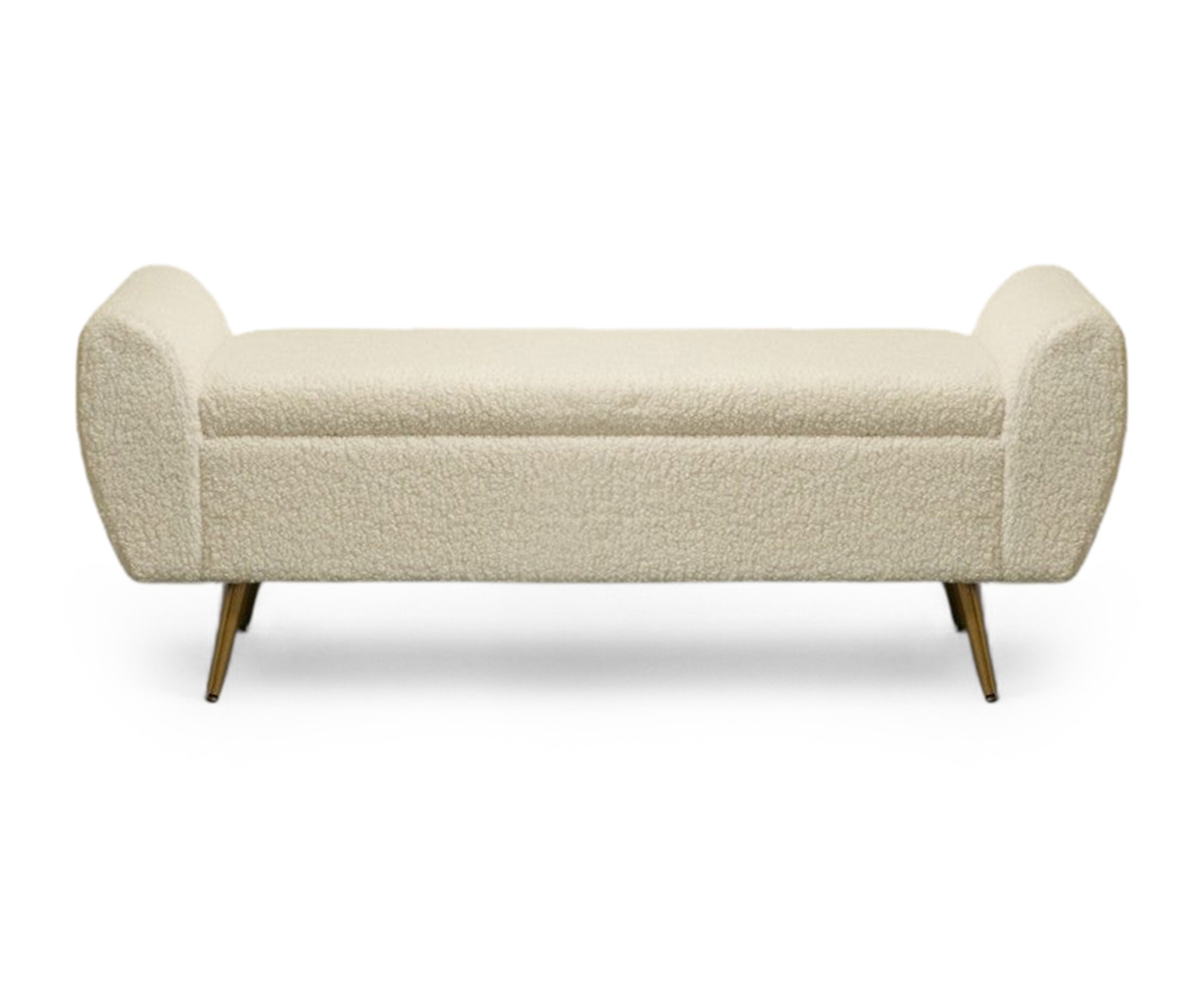Ivory Bouclé Storage Bench with Golden Metal Legs