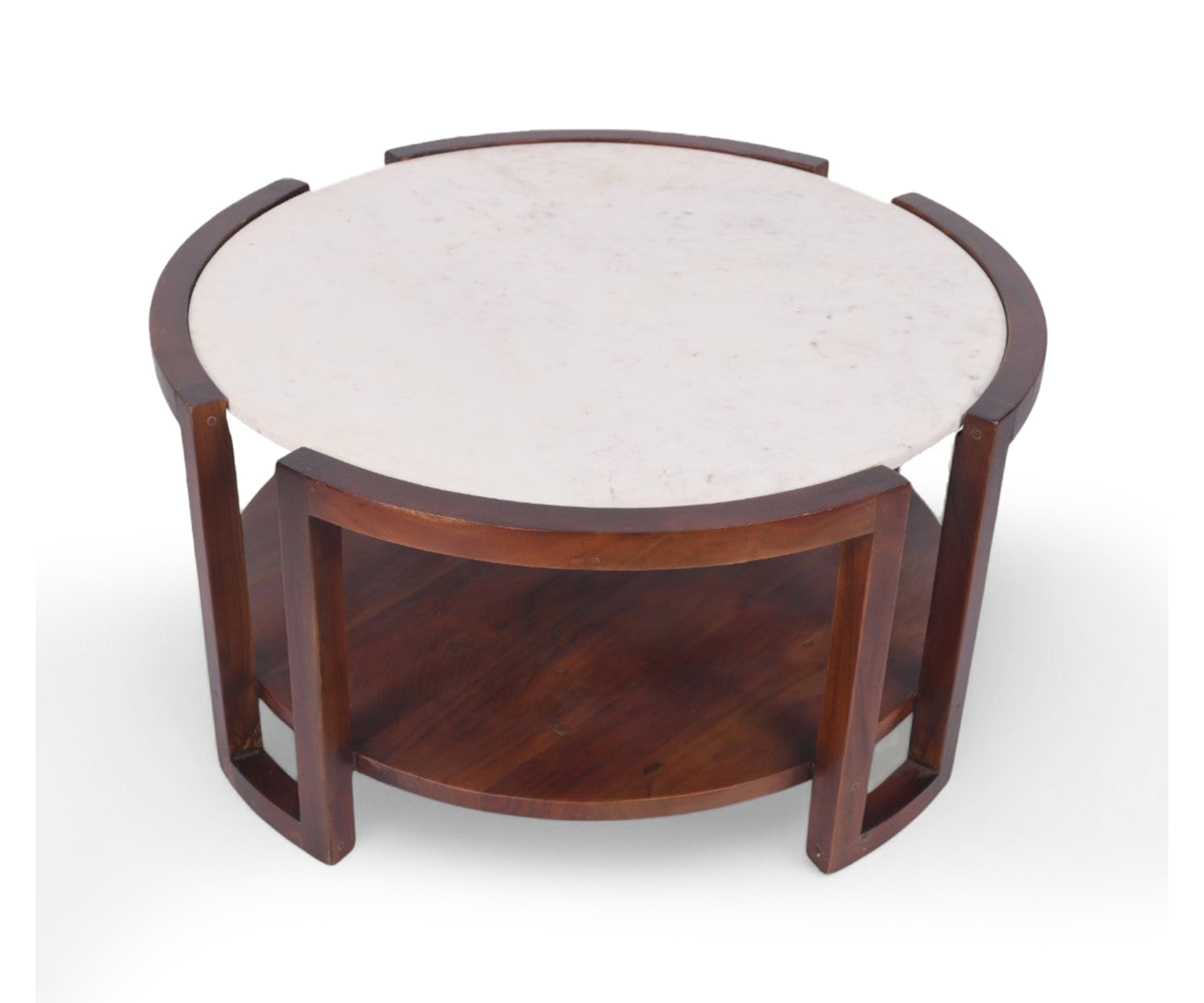 Round Marble Top Walnut Coffee Table with Shelf