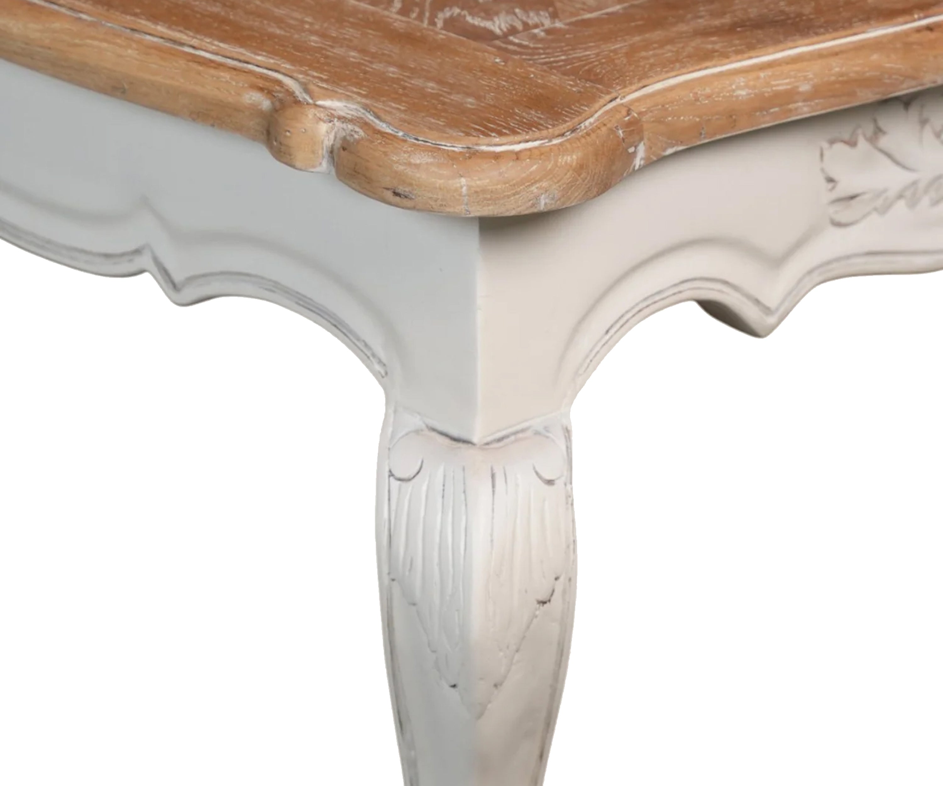 French Carved Acacia Wood Coffee Table – White Base
