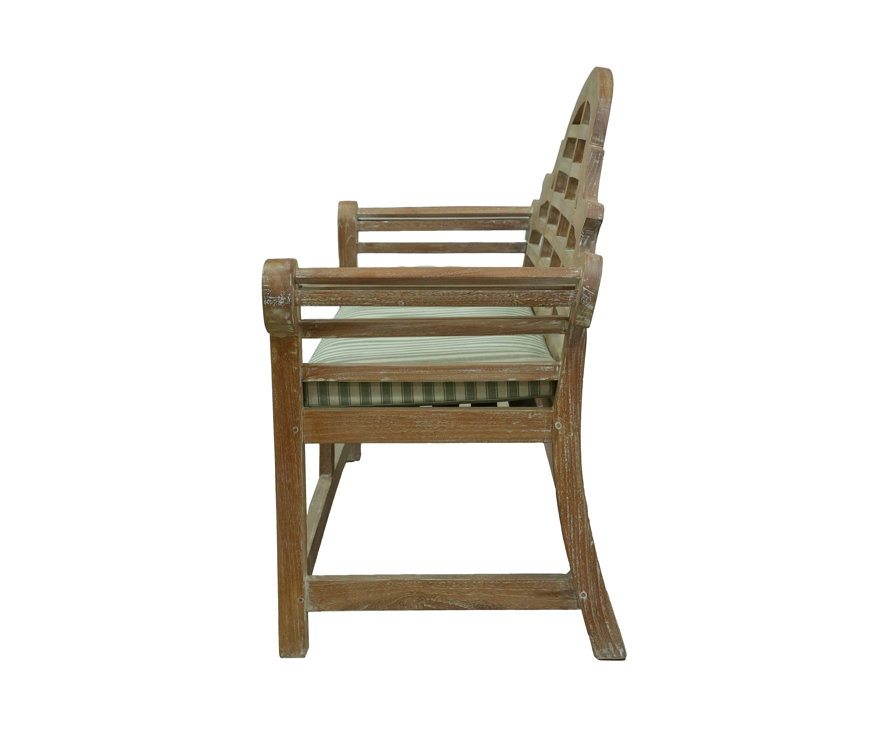 Vintage Style Teak Bench with Green Striped Upholstered Cushion