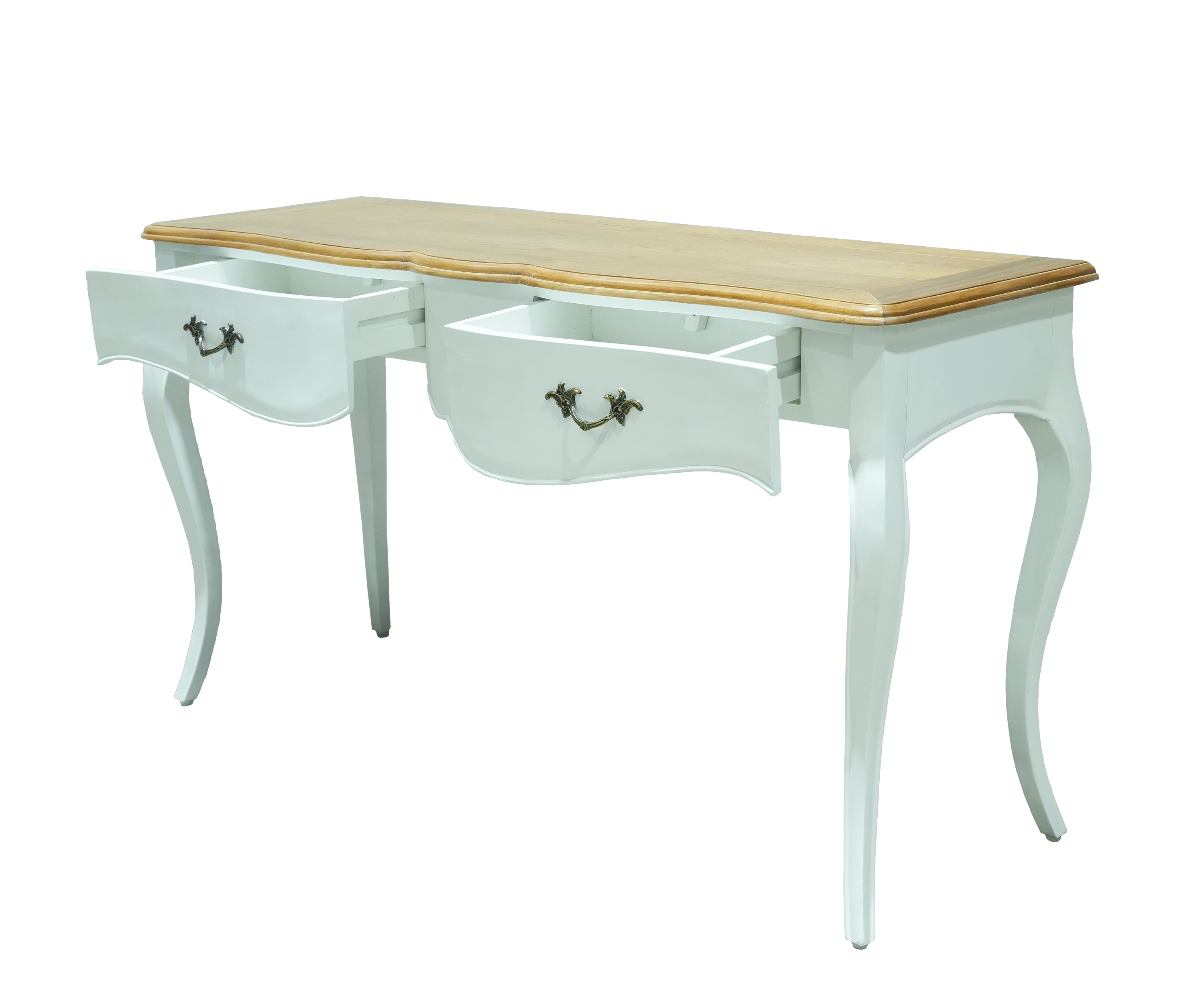 French Style White Console Table with Natural Wood Top