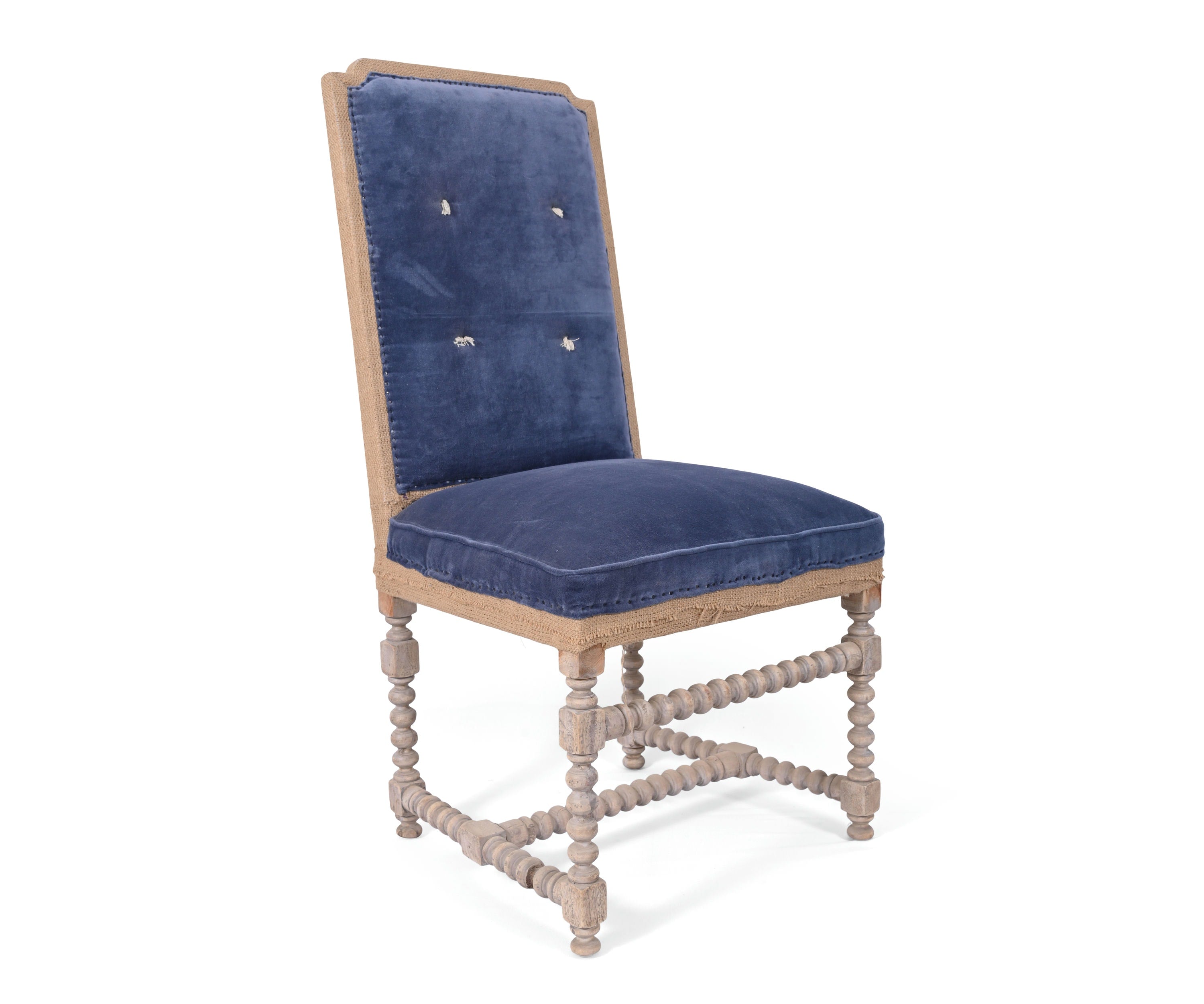 Blue Velvet French Dining Chair with Burlap Trim and Bobbin Legs