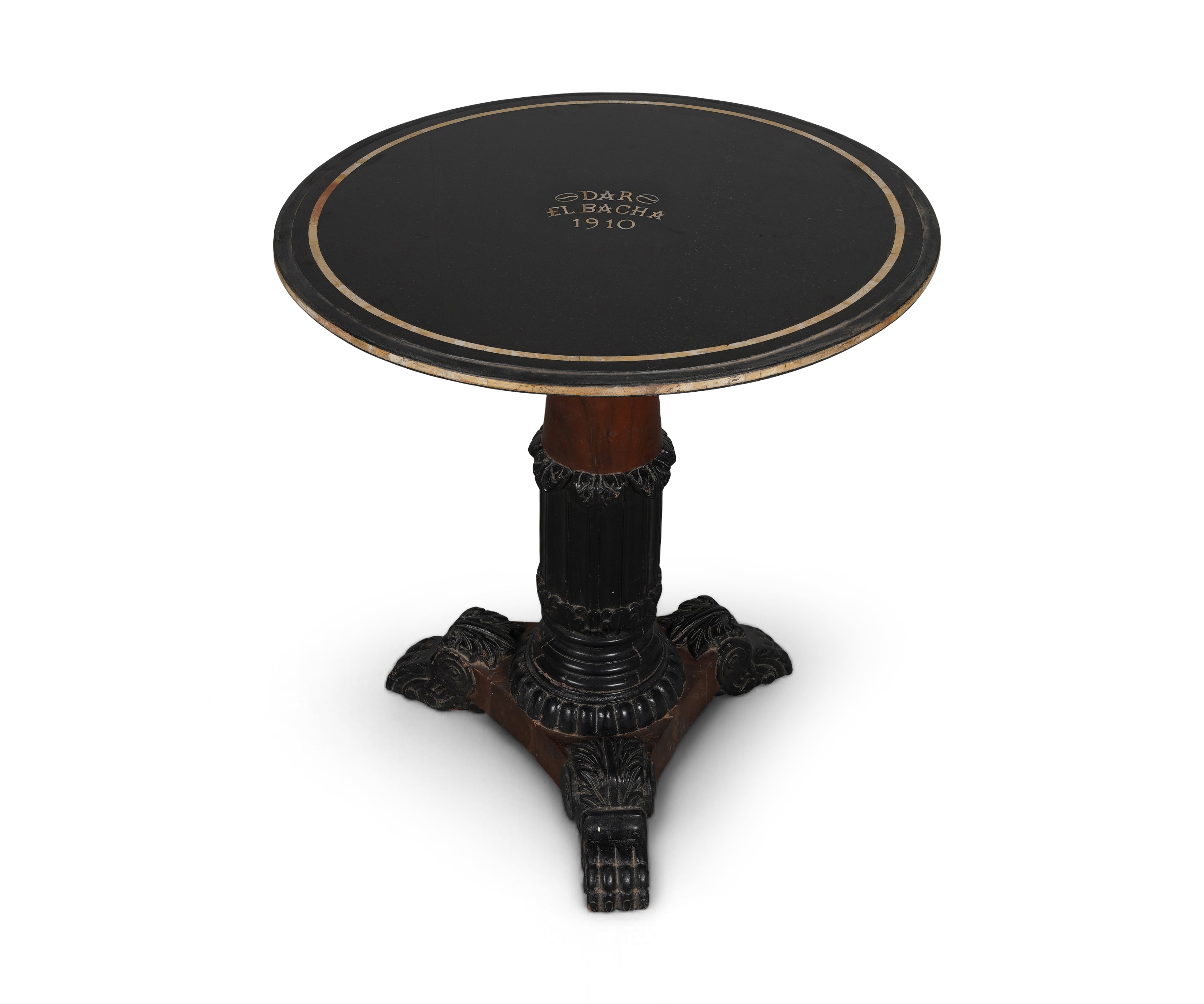 Round Marble Inlay Side Table with Carved Wood Base