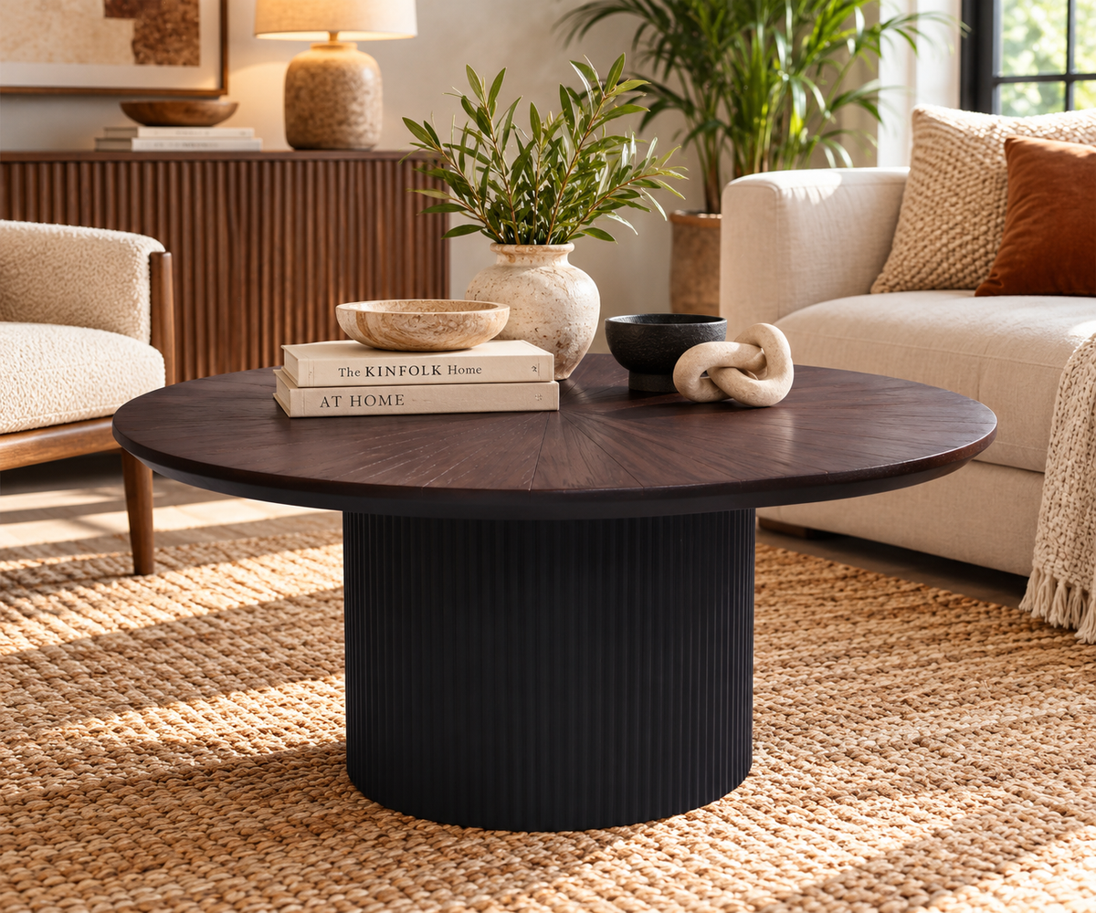 Low Wooden Coffee Table with Black Pedestal