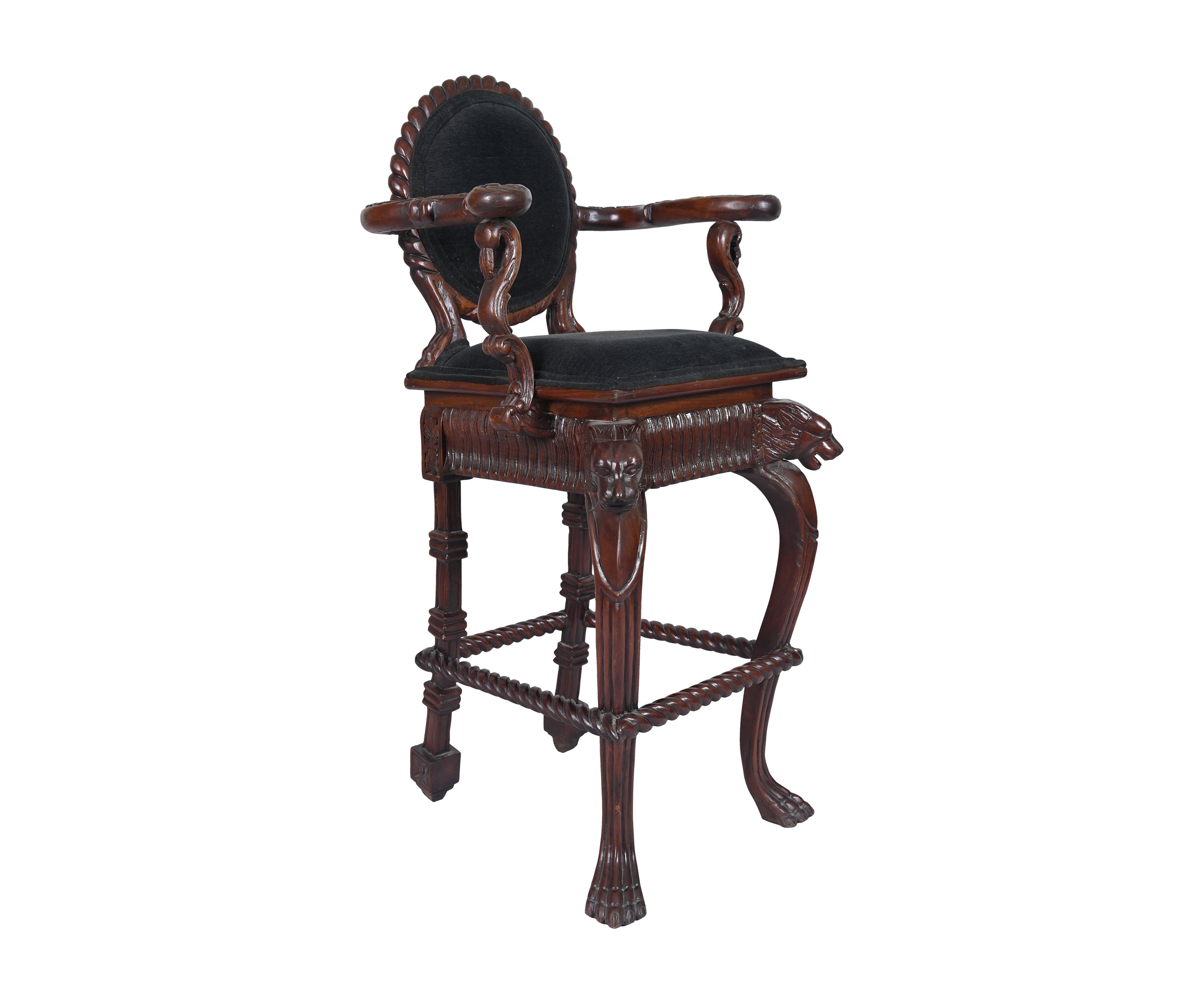 Antique Style Carved Wooden Bar Chair with Black Upholstered Seat