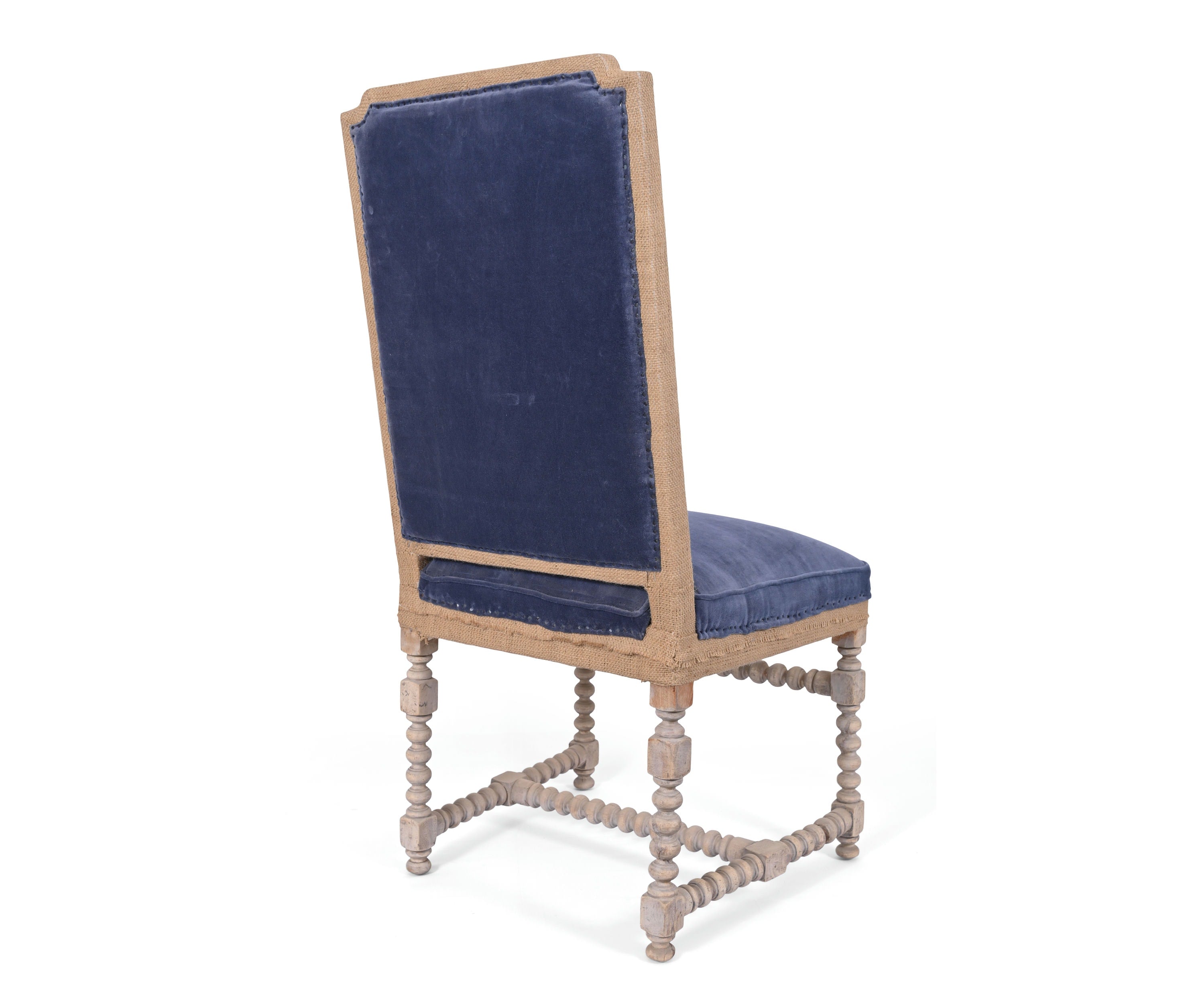 Blue Velvet French Dining Chair with Burlap Trim and Bobbin Legs