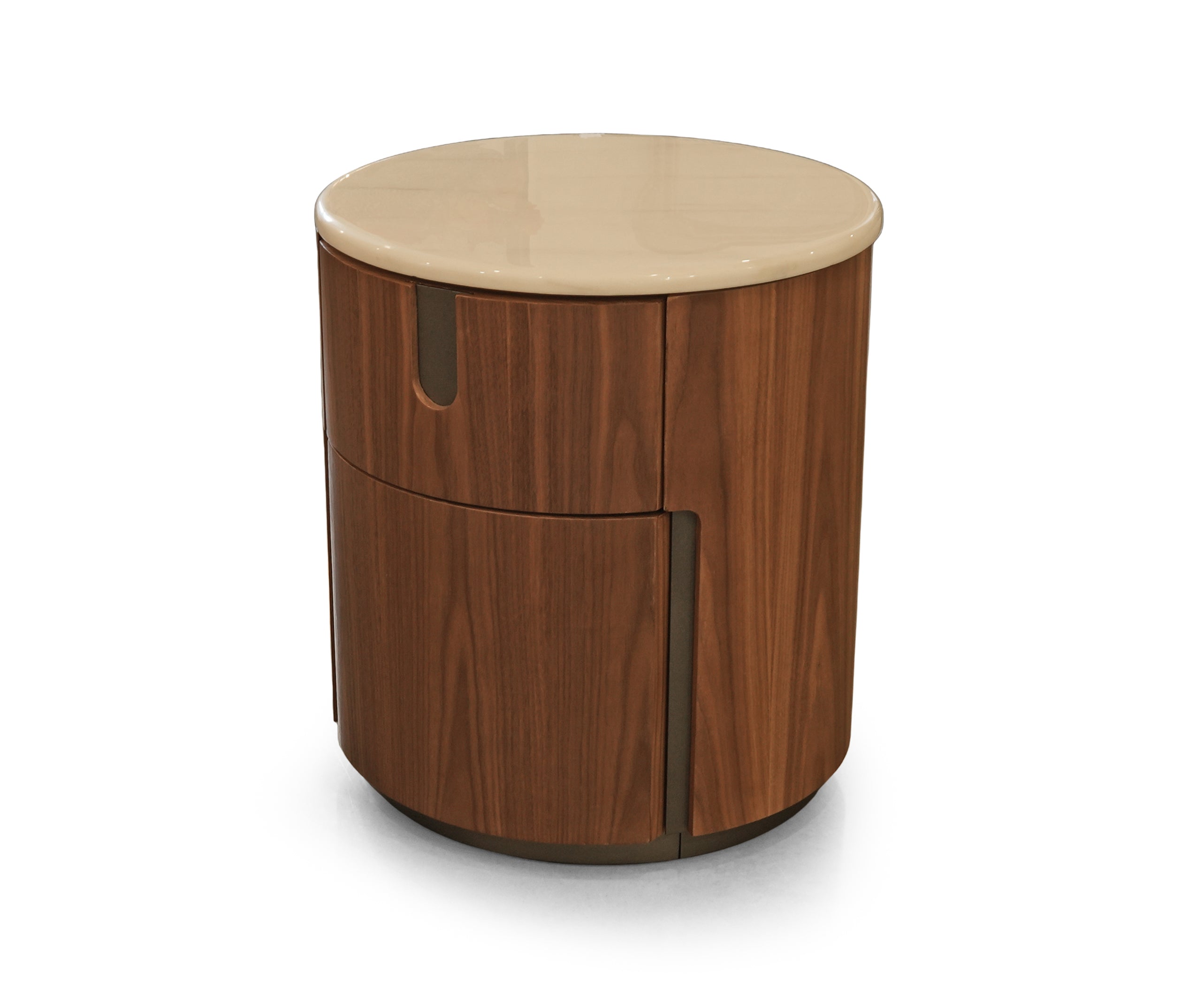 Rich Brown Acacia Round Marble-Top Bed Side Table