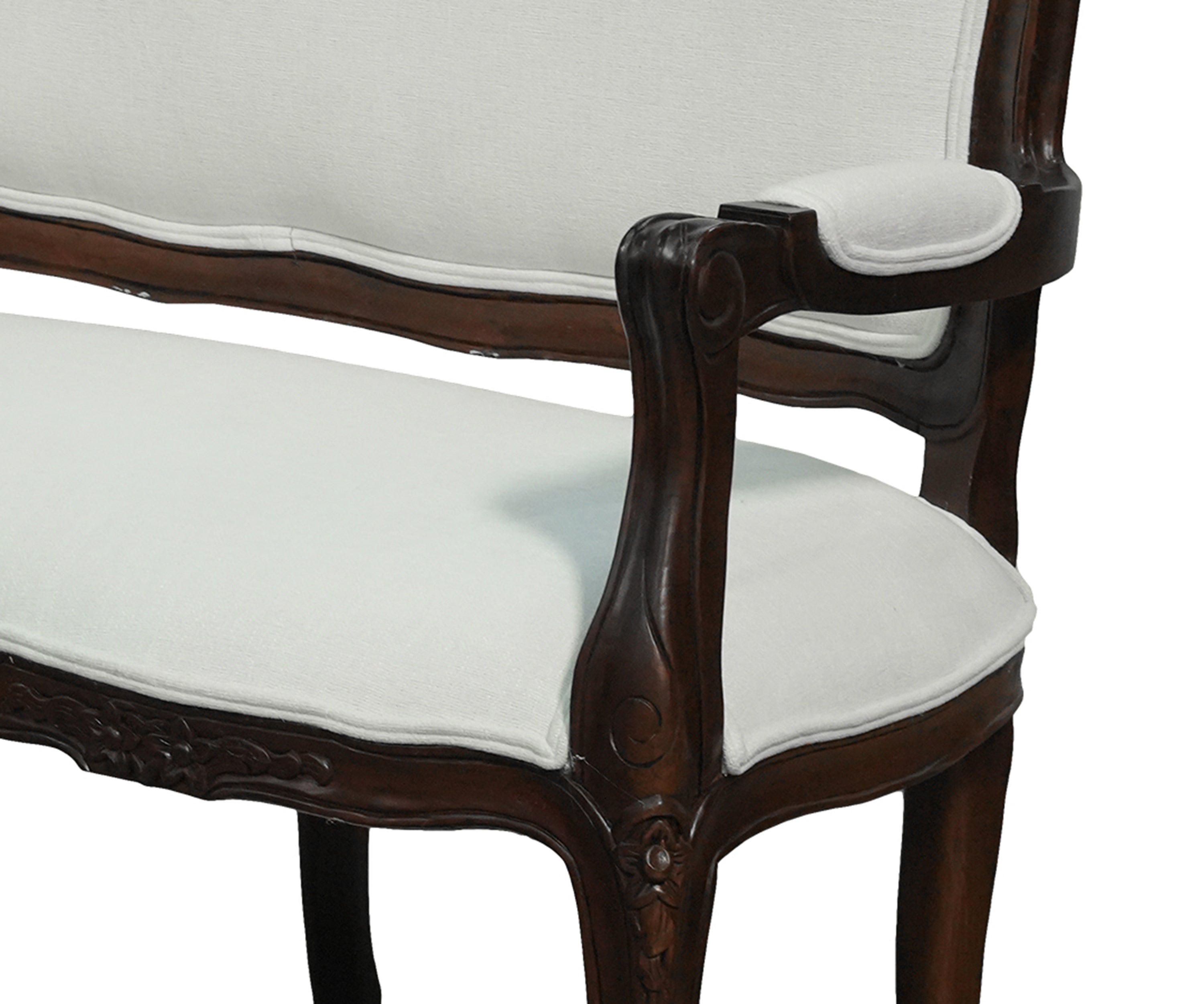 French Style Upholstered Wooden Sofa with Carved Dark Wood Frame