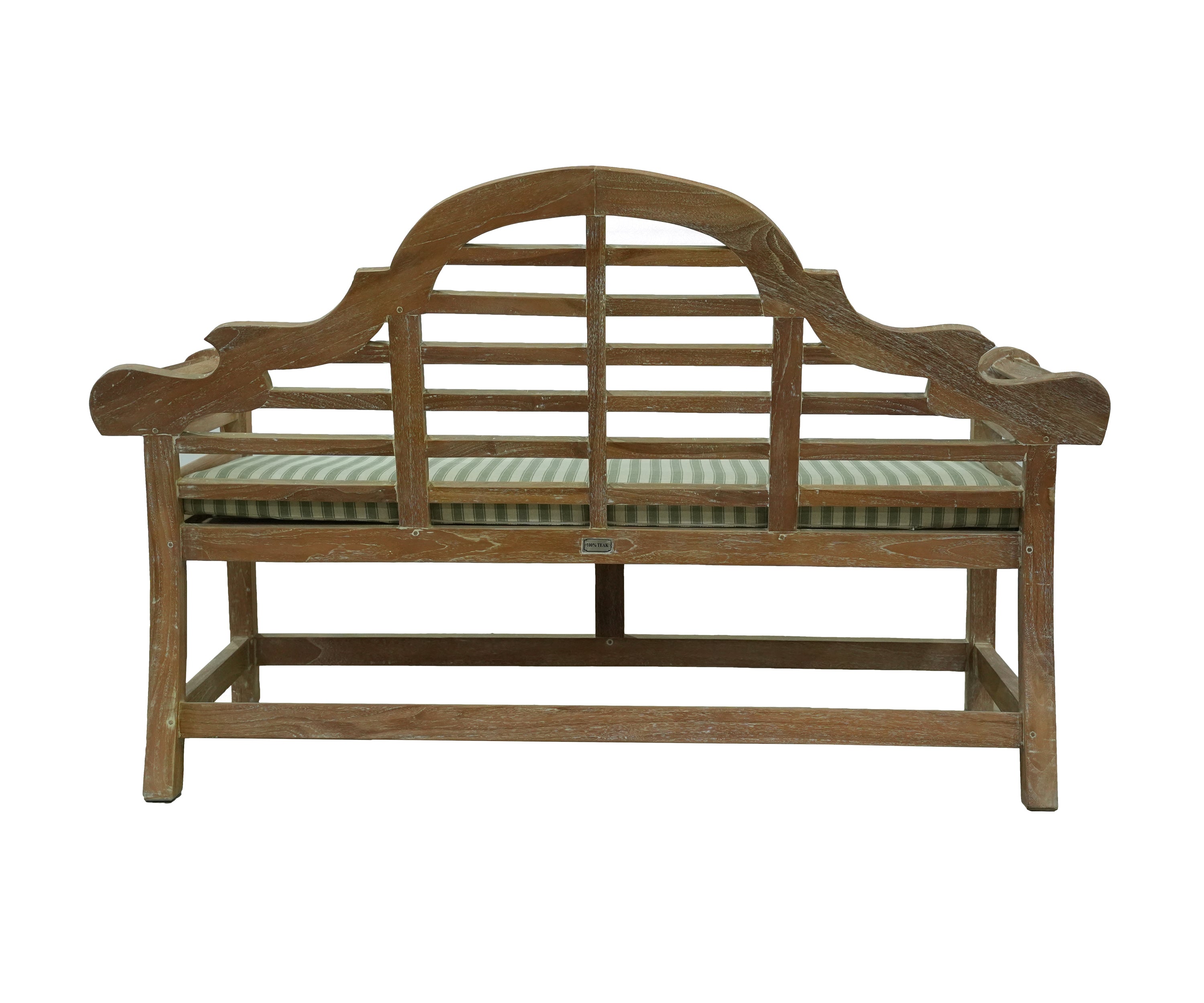 Vintage Style Teak Bench with Green Striped Upholstered Cushion