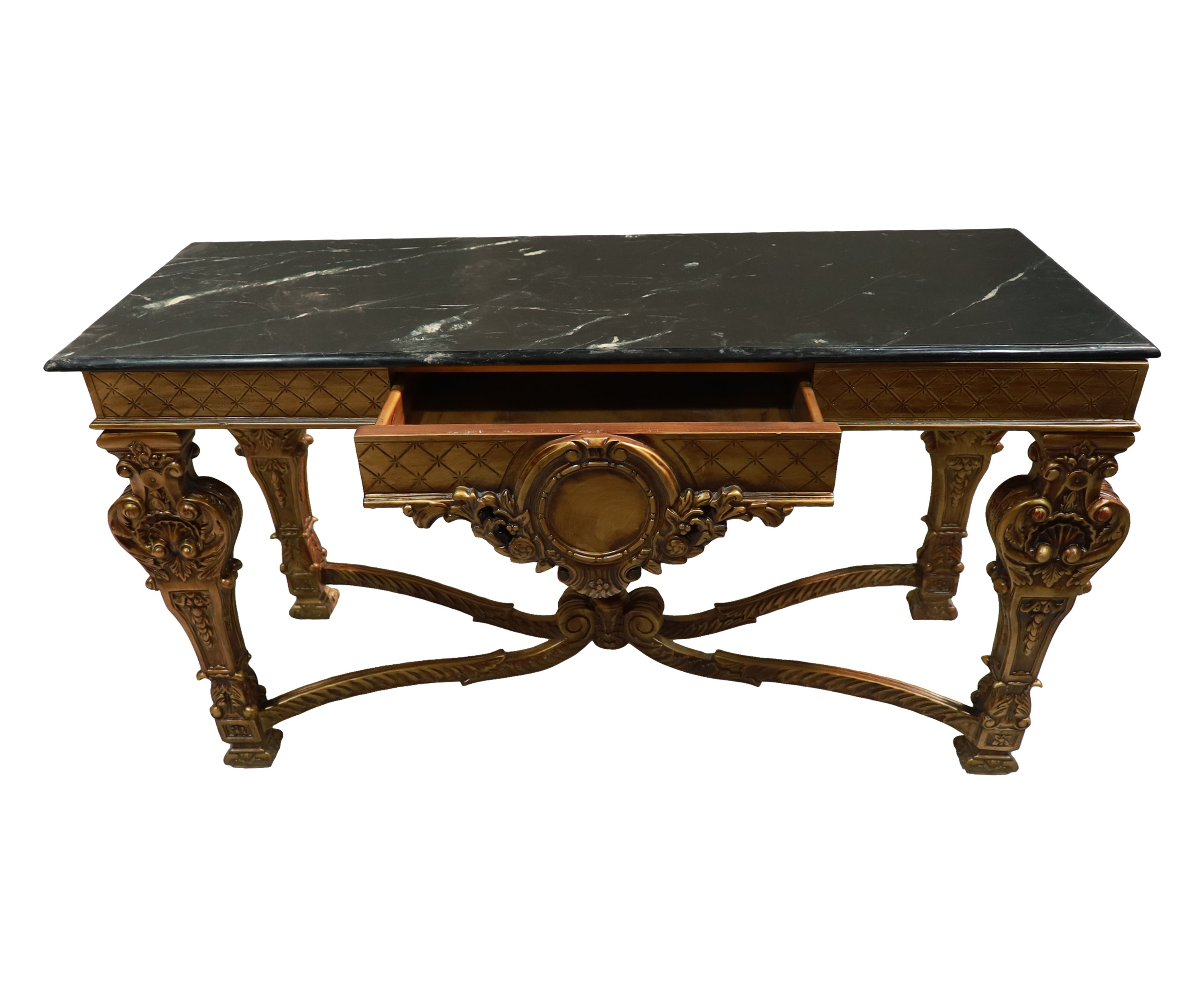 Teak European Wooden Console Table with Marble Top