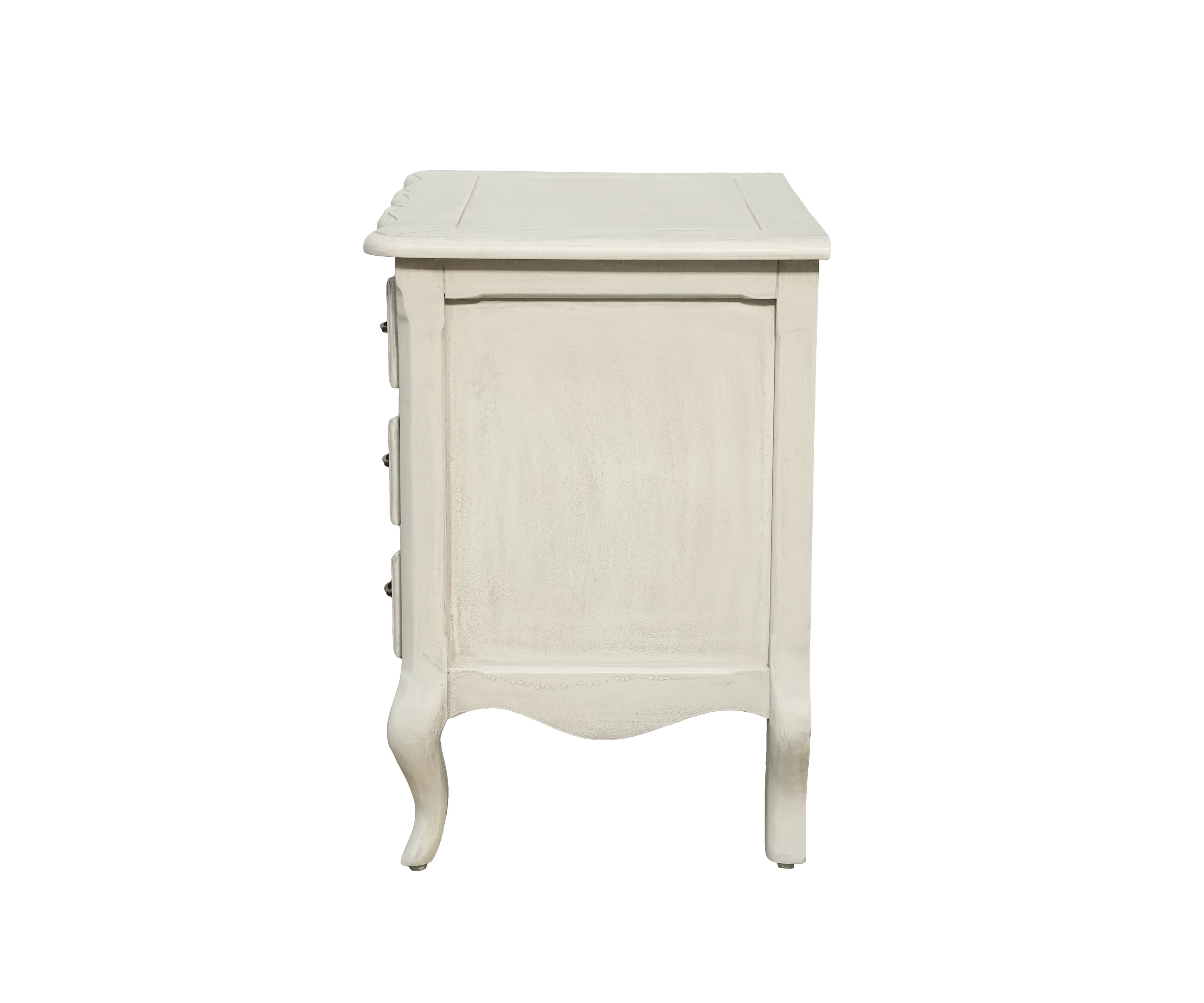 White Carved Three-Drawer Chest with Antique Brass Hardware