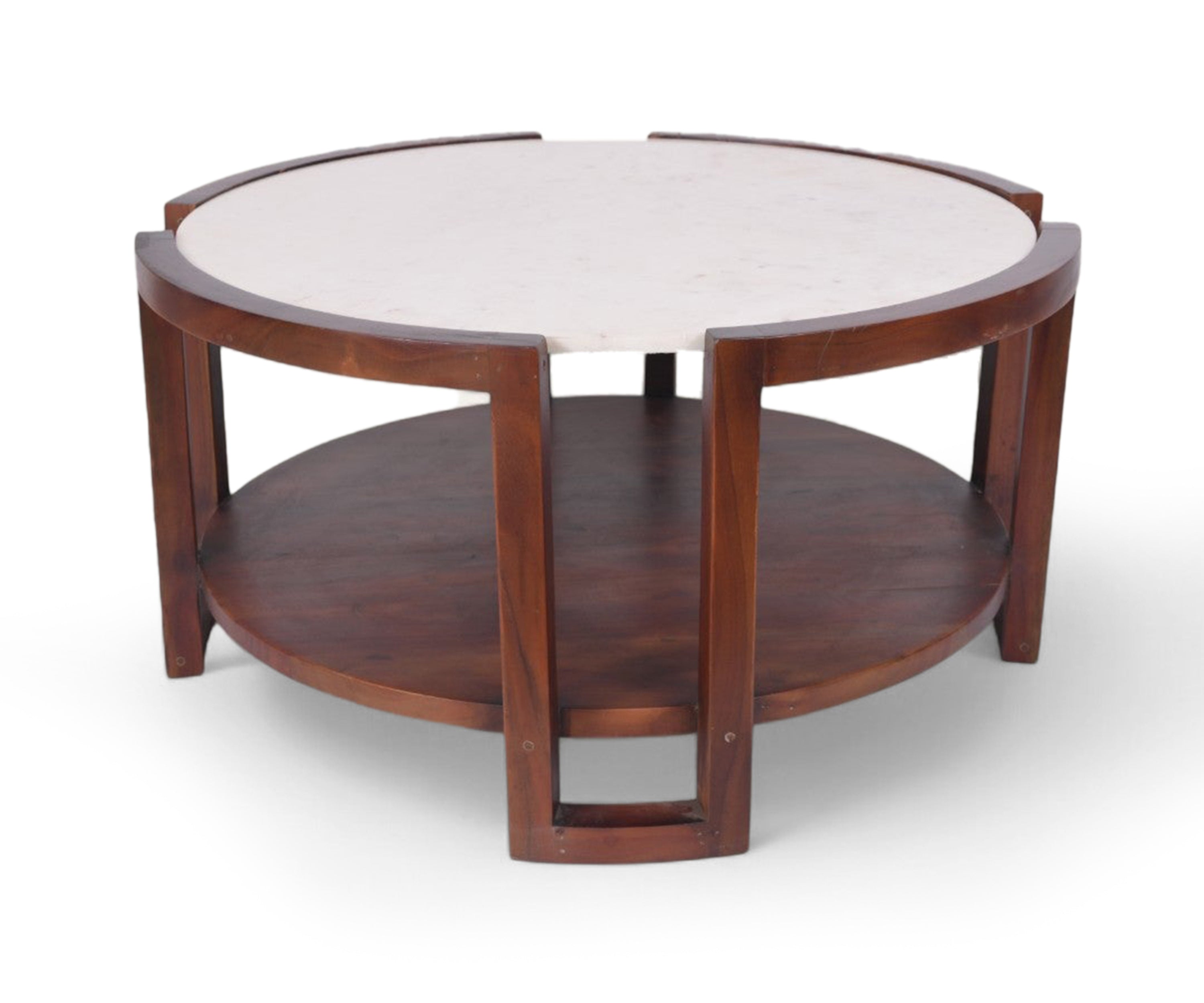 Round Marble Top Walnut Coffee Table with Shelf