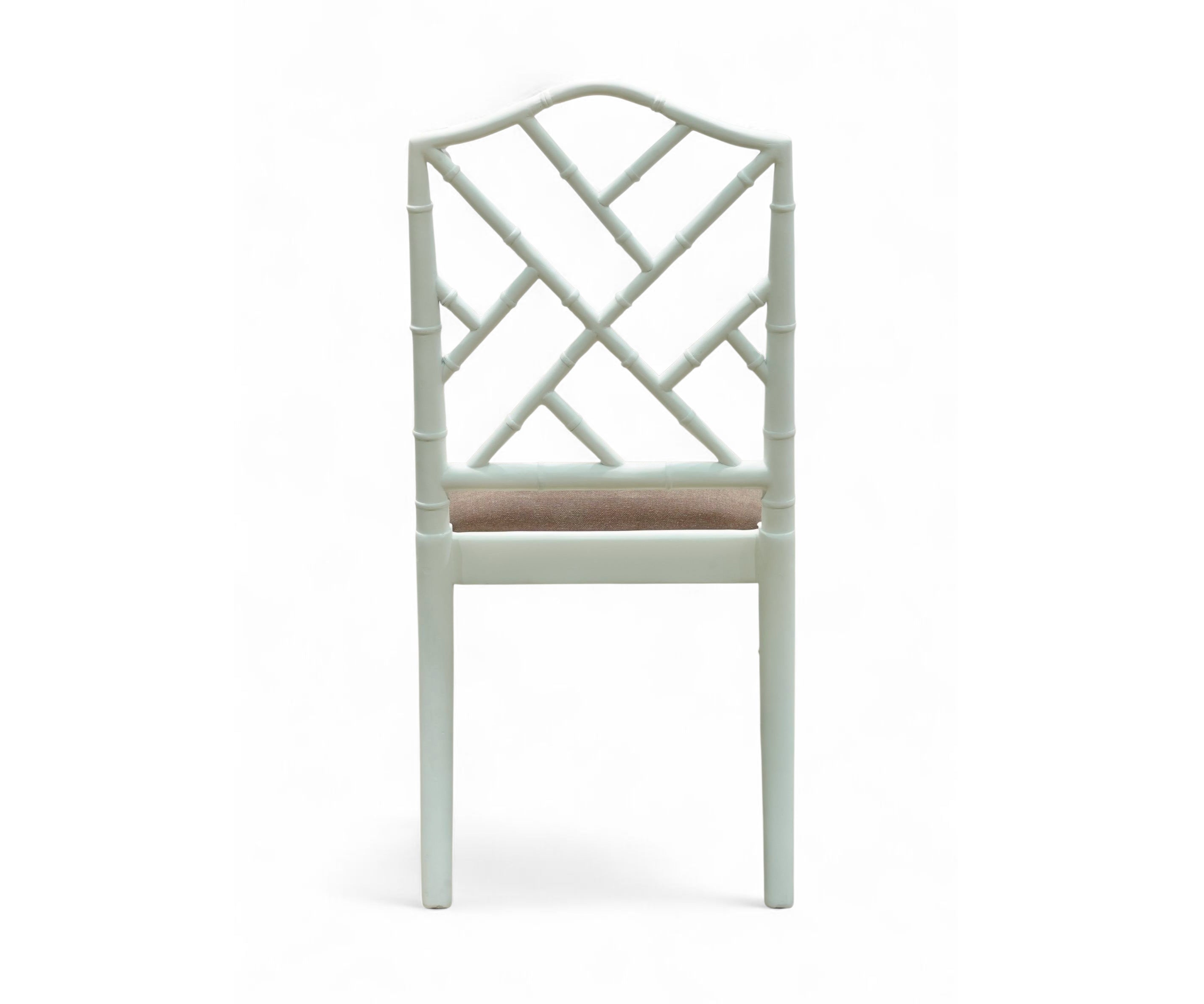 White Bamboo Lattice Dining Chair with Taupe Upholstered Seat