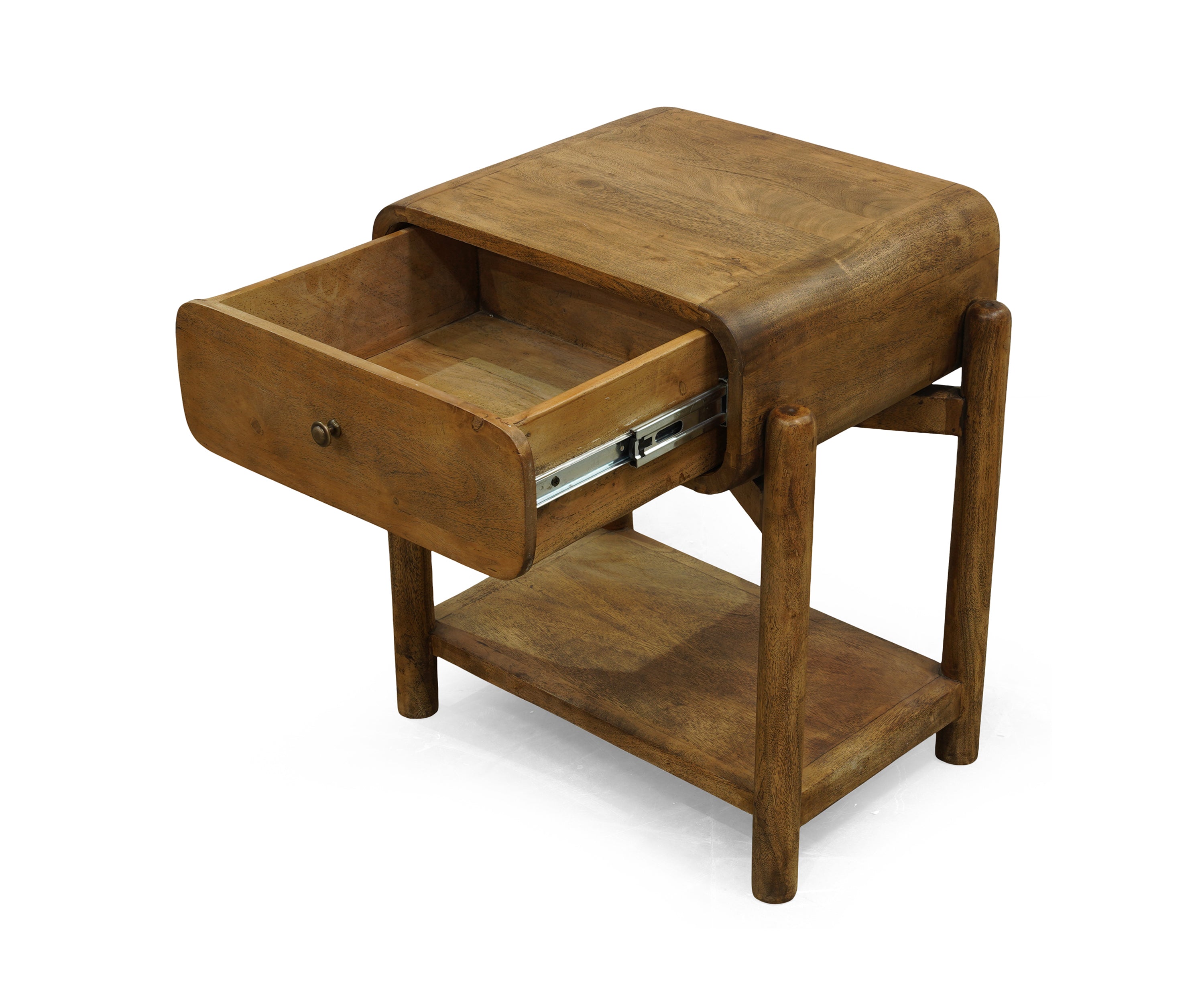 Black Curved Edge Bed Side Table with Drawer and Open Shelf