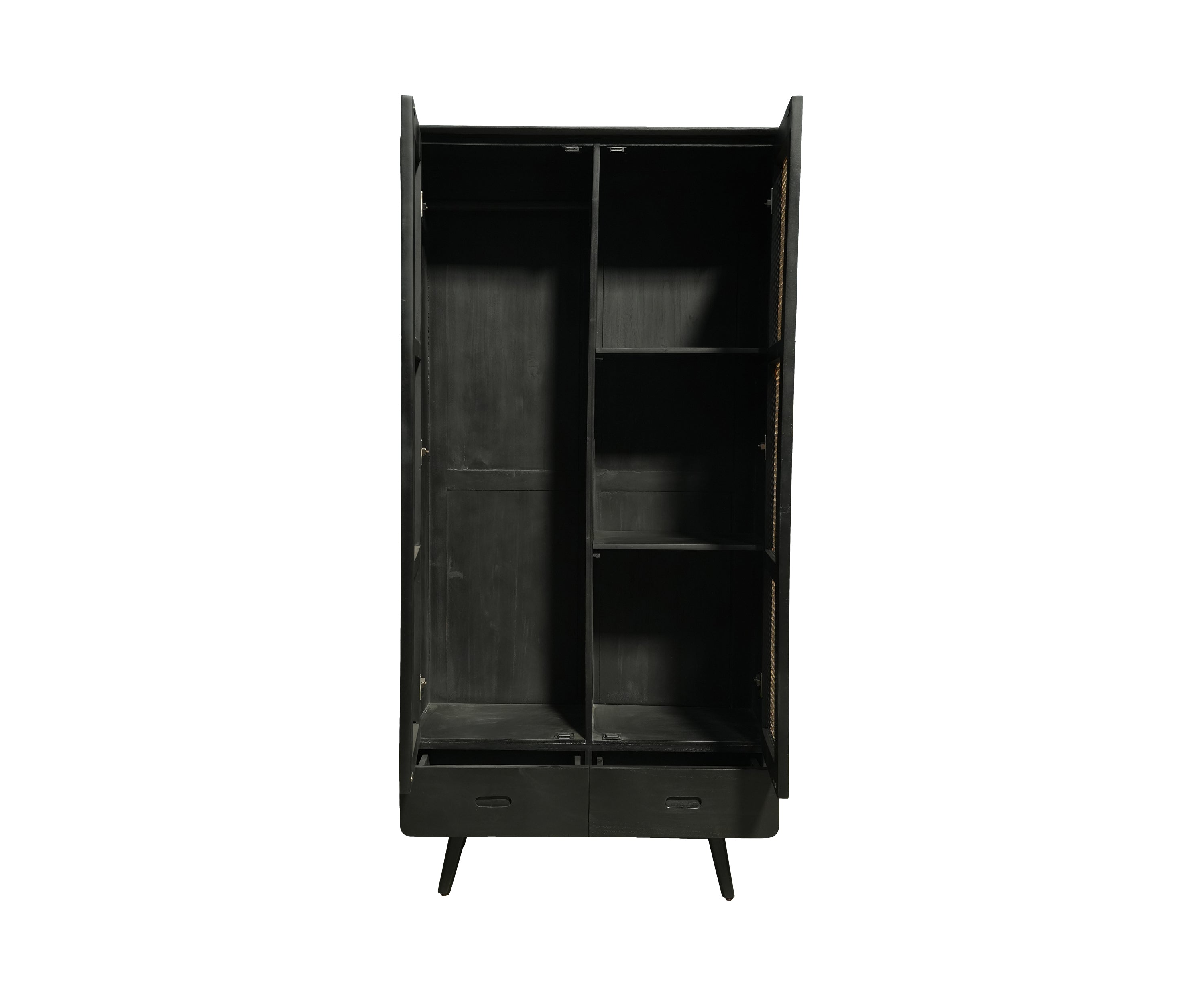 Black Teak and Cane Double Door Wardrobe with Drawers