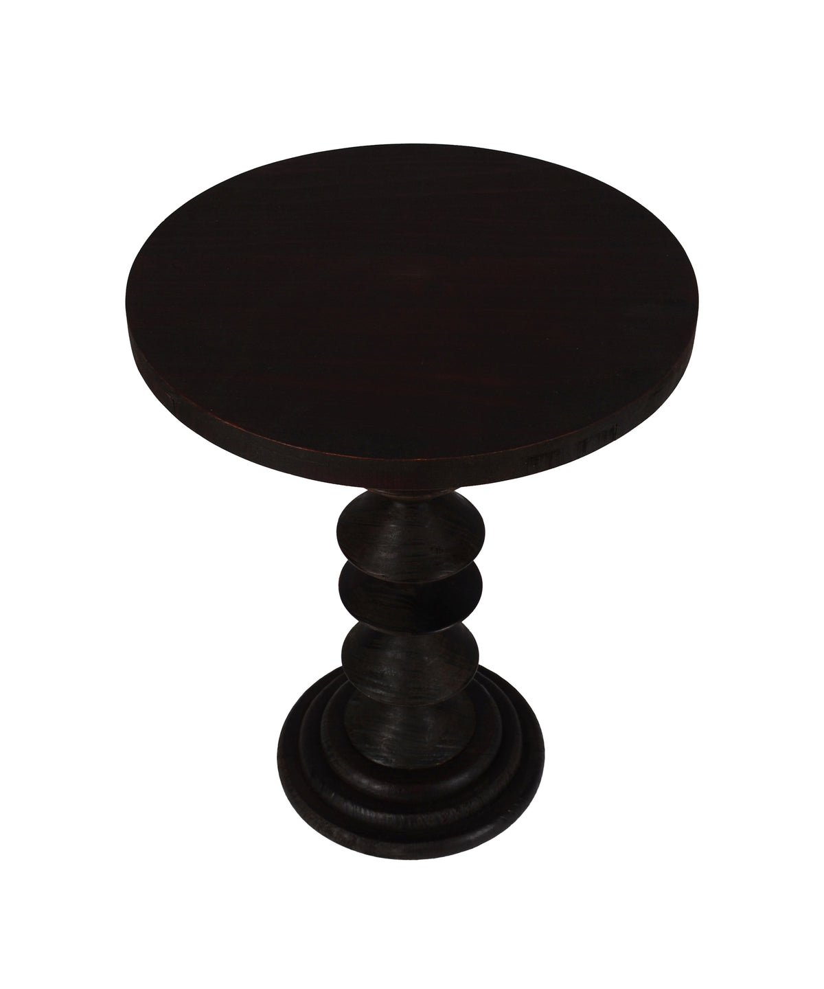 Round Dark Wood Side Table with Stacked Geometric Pedestal