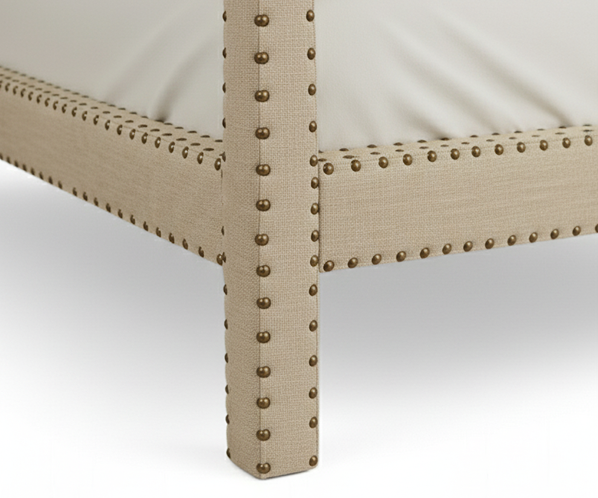 Elara Upholstered Acacia Wood Canopy Bed with Brass Nail Studs