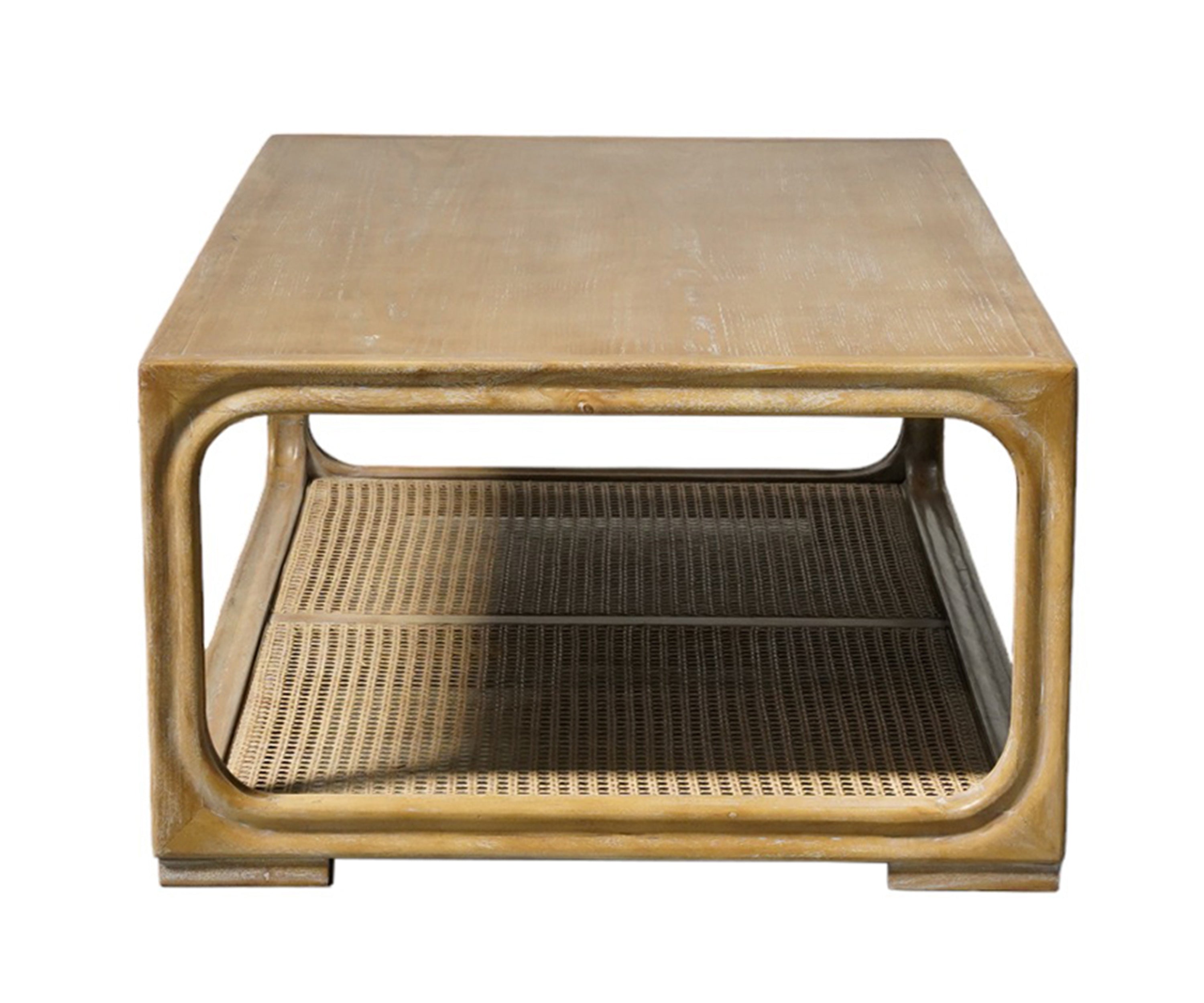 Mid-Century Modern Coffee Table with Rattan Cane Shelf