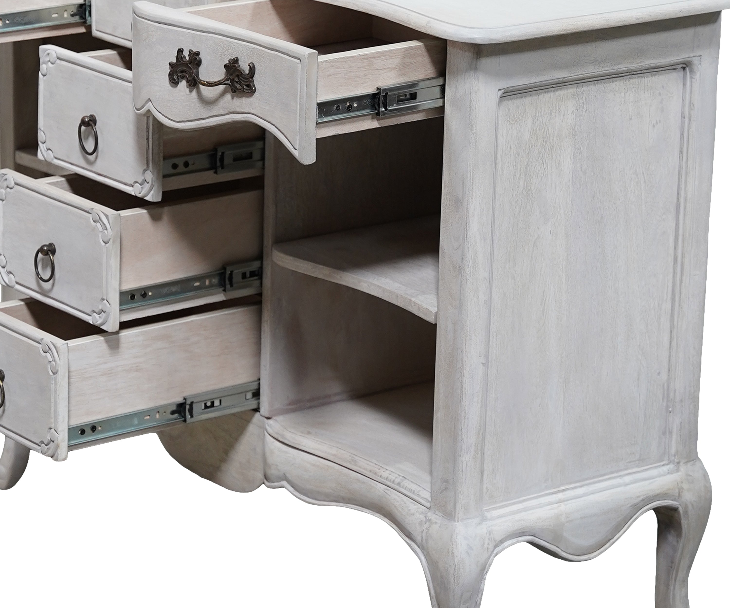 French Style Distressed White Chest of Drawers with Open Shelves