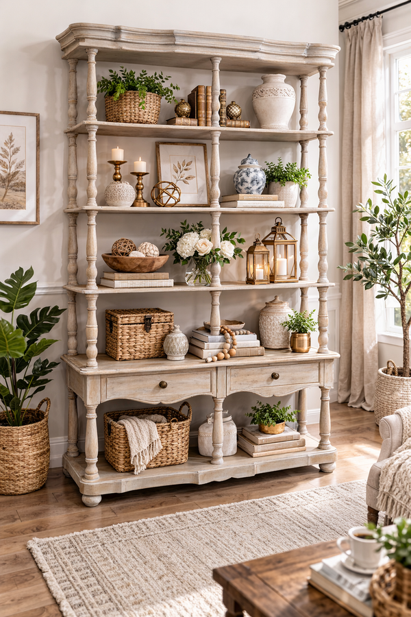 French Style Solid Wood Display Hutch Shelf Unit