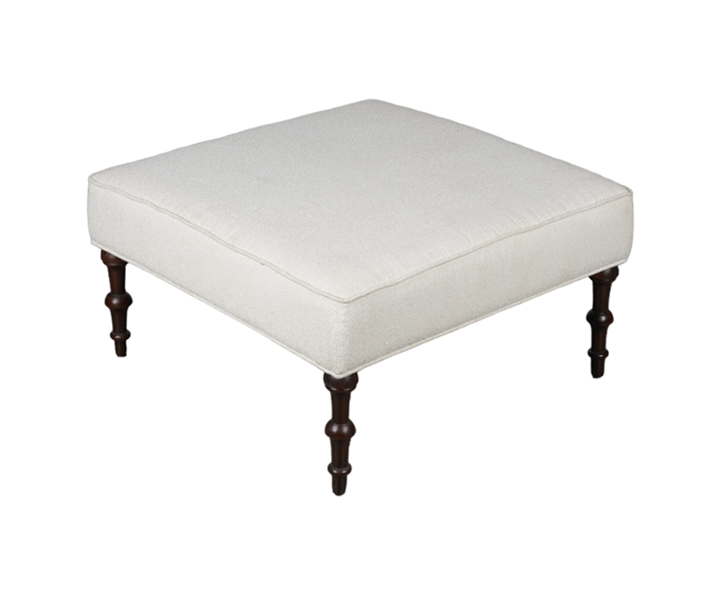 Ivory Boucle Upholstered Ottoman with Turned Wooden Legs