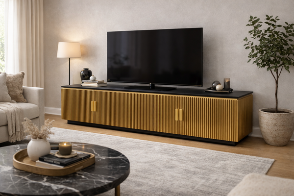 Luxury Brass Fluted TV Unit with Marble Top Storage