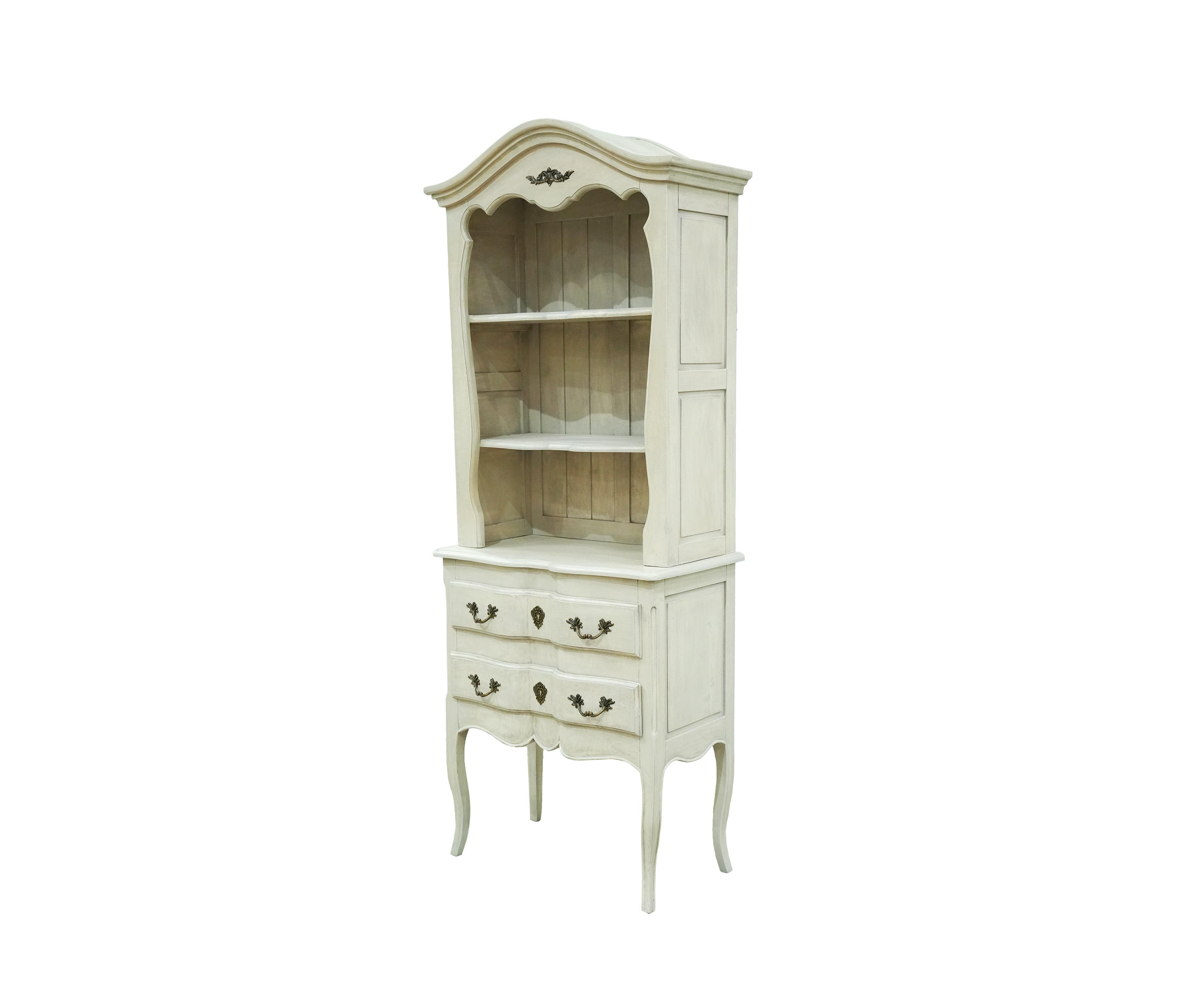 White French Country Display Cabinet with Open Shelves and Drawers