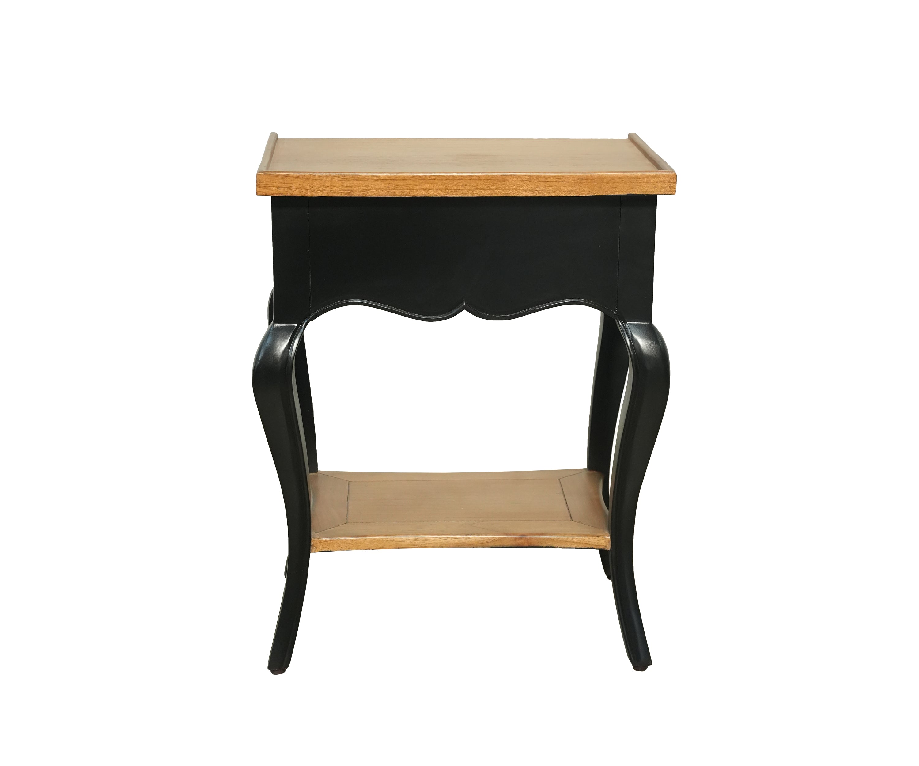 French style Black Side Table with Warm Wood Top and Open Shelf