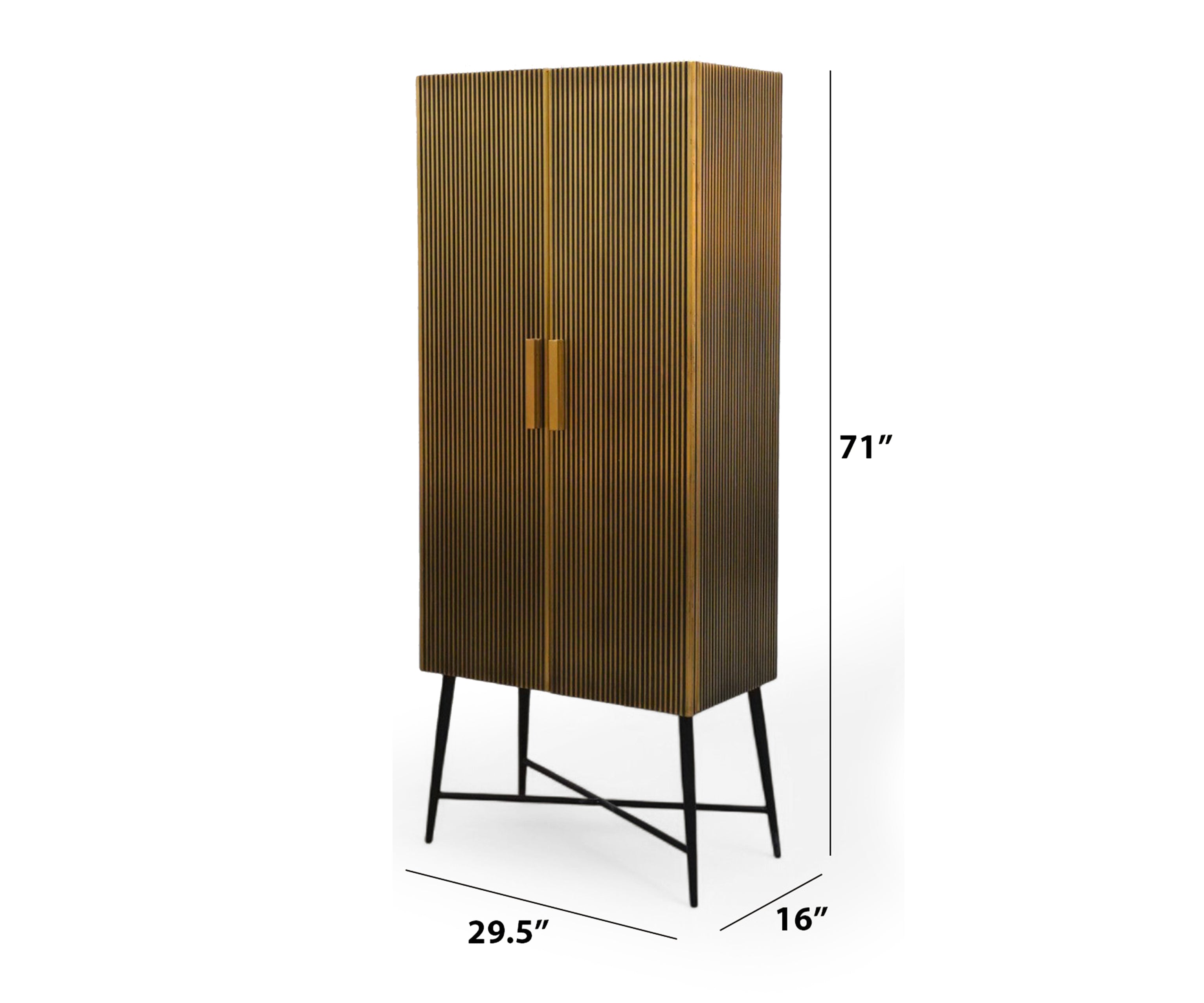 Tall Fluted Brass-Clad Storage Cabinet with Iron Legs