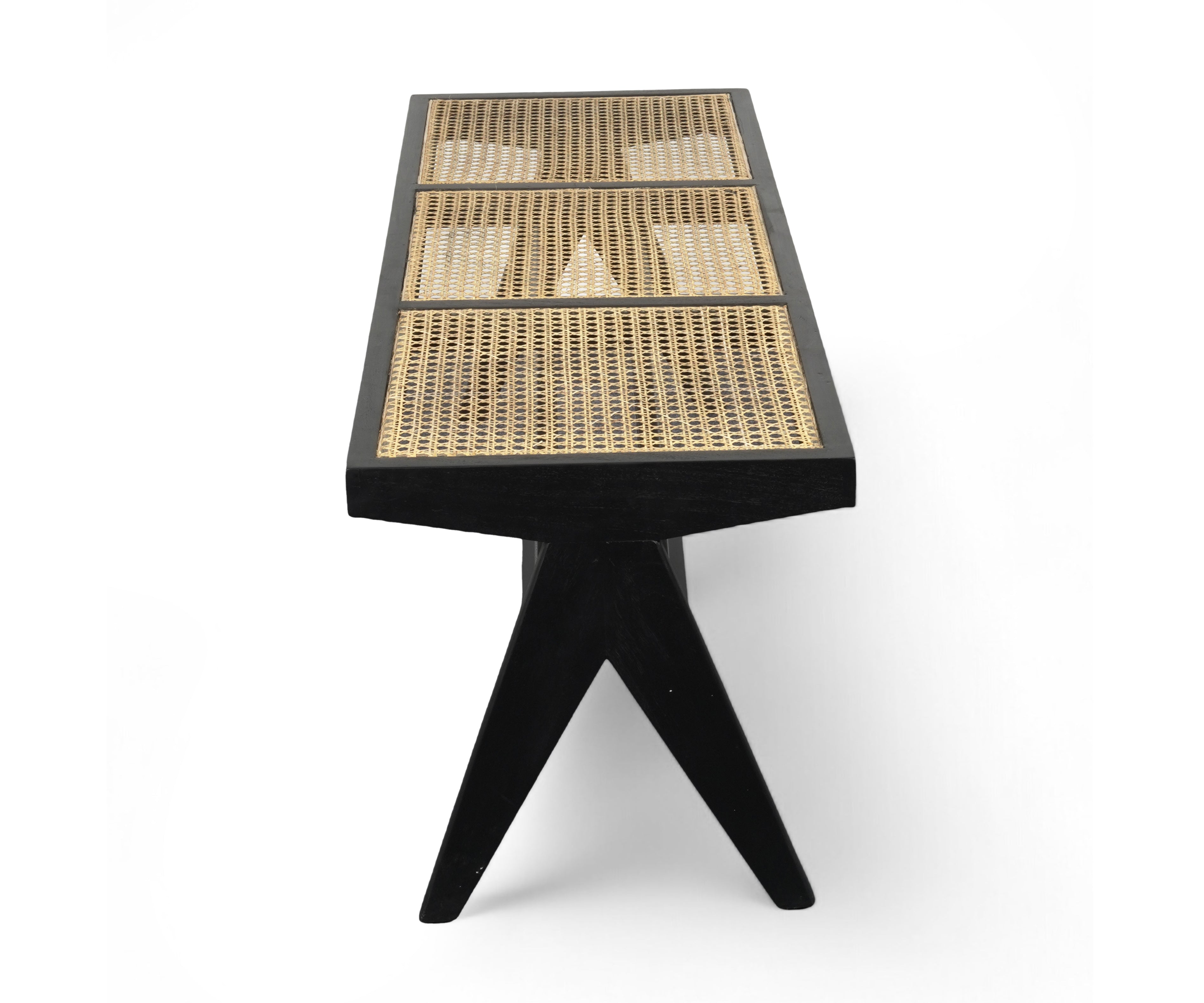 Black Cane Bench with Wooden Frame