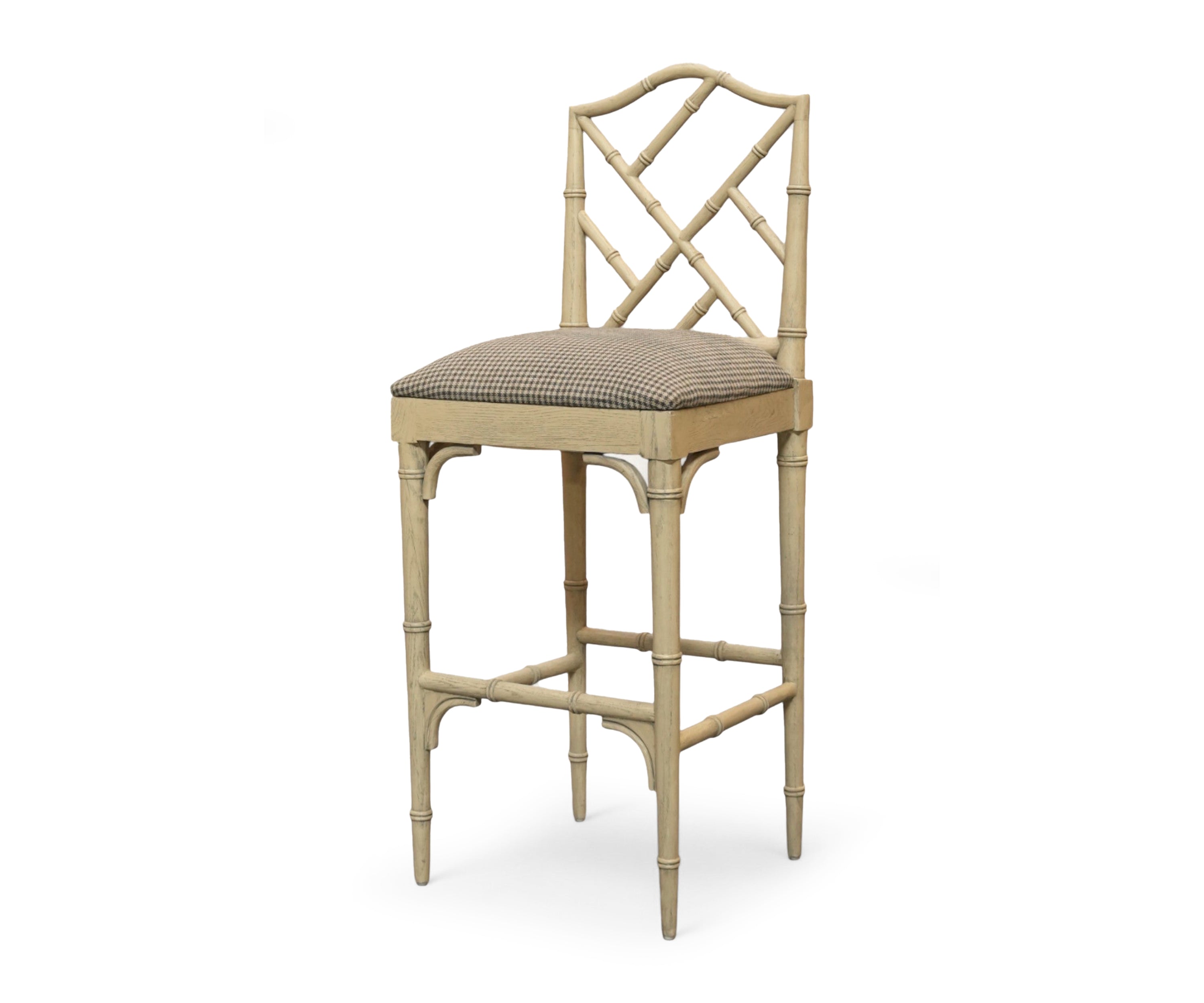 Bamboo Style Wooden Bar Chair with Bouclé Seat - Checks