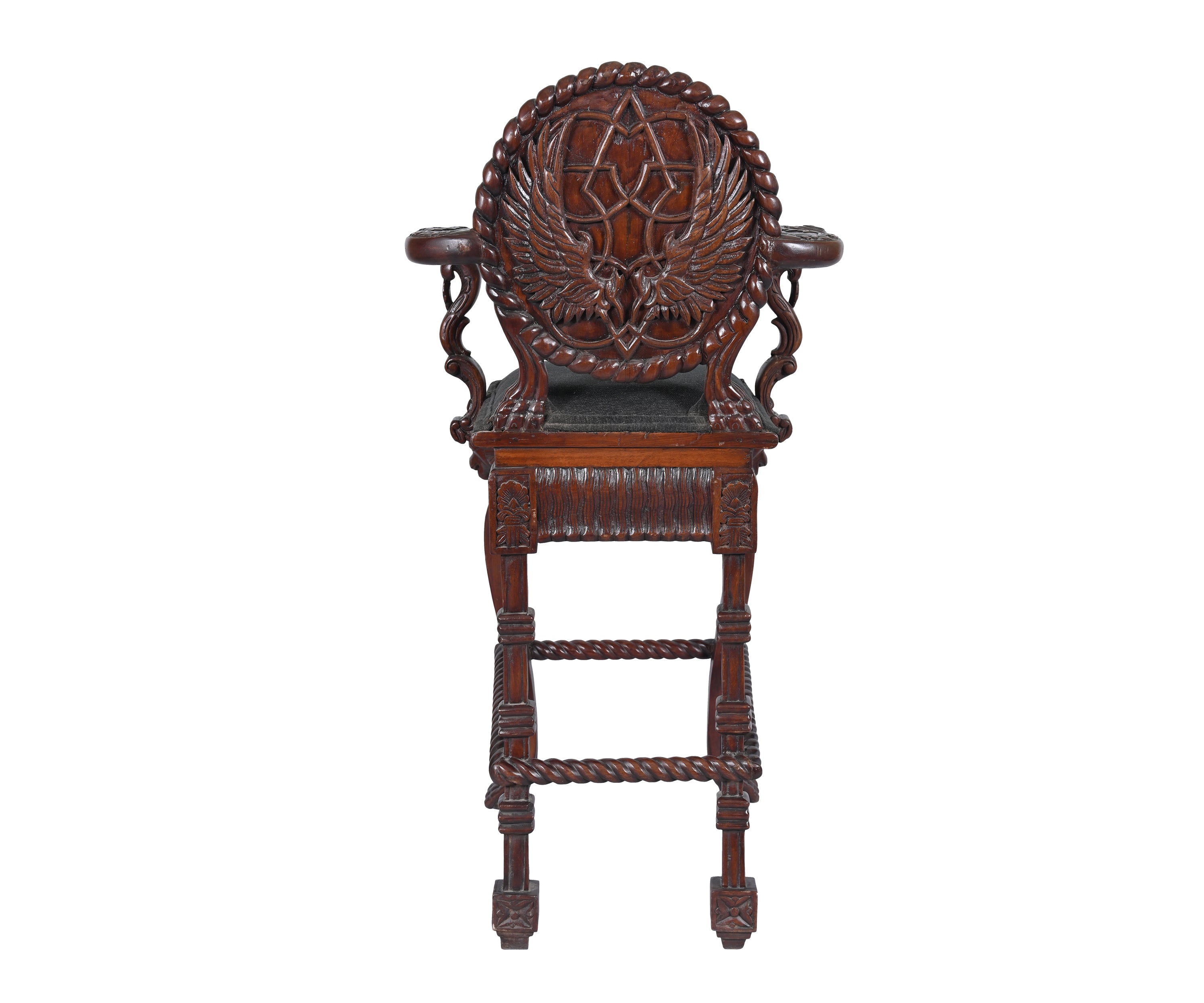 Antique Style Carved Wooden Bar Chair with Black Upholstered Seat