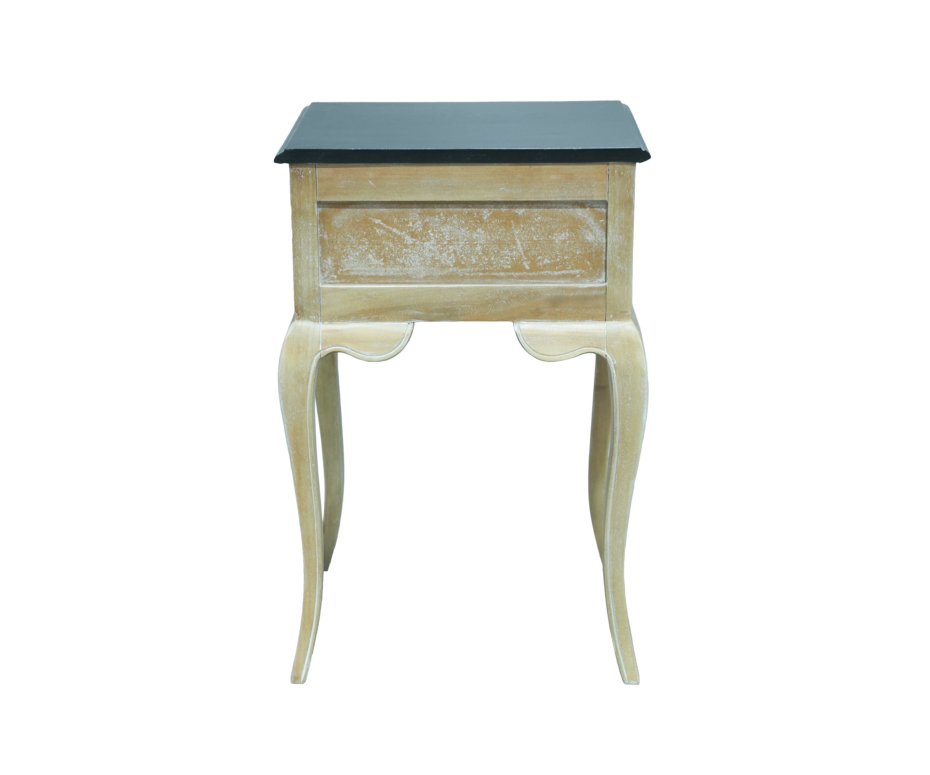 French Style Natural Wood Bedside Table with Black Top