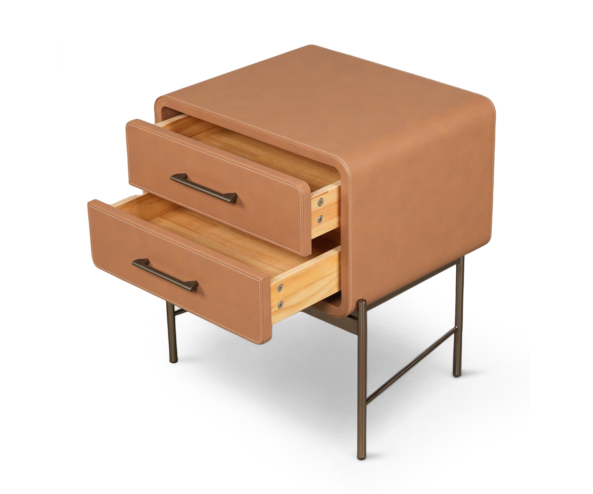 Camel Leather Wrapped 2-Drawer Bed Side Table with Metal Base
