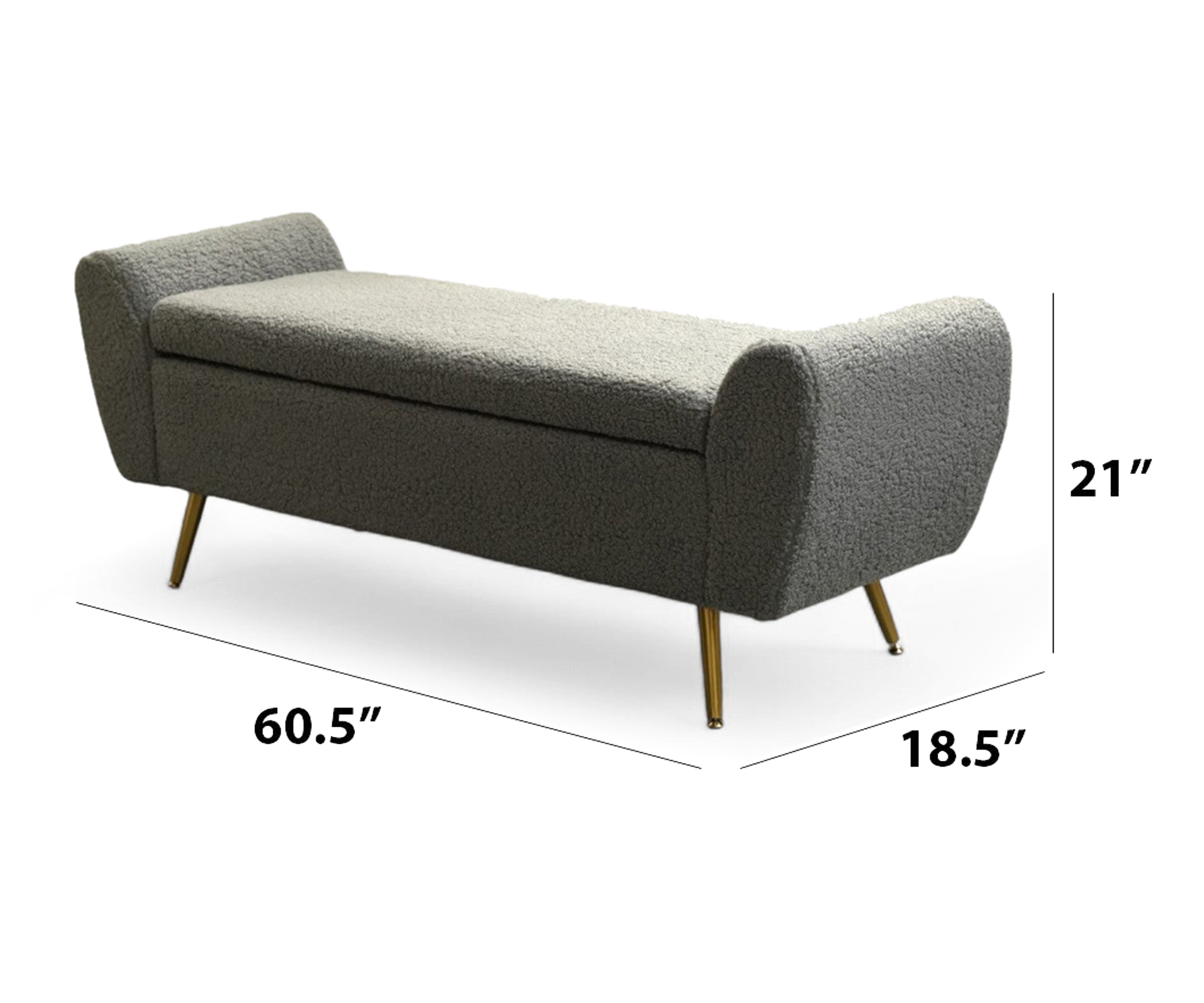 Grey Bouclé Storage Bench with Golden Metal Legs