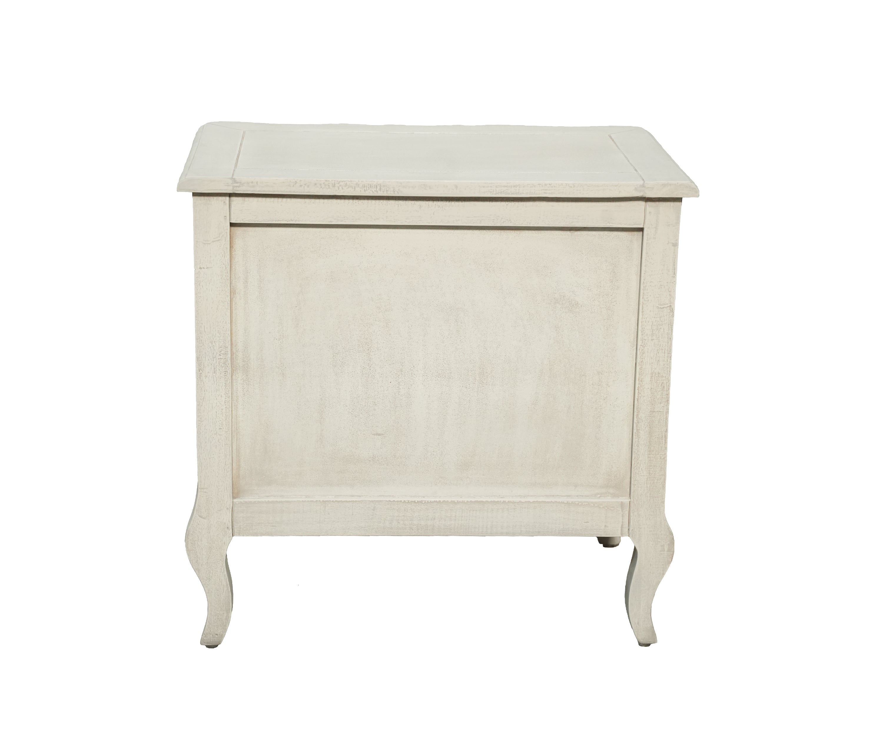 White Carved Three-Drawer Chest with Antique Brass Hardware