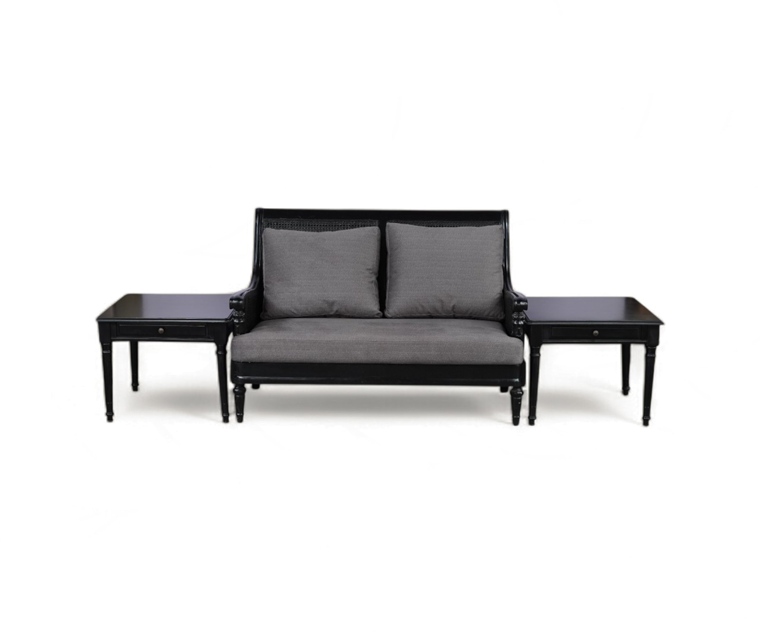 Acacia Wood 2-Seater Sofa with Woven Cane Panels & Charcoal Cushions