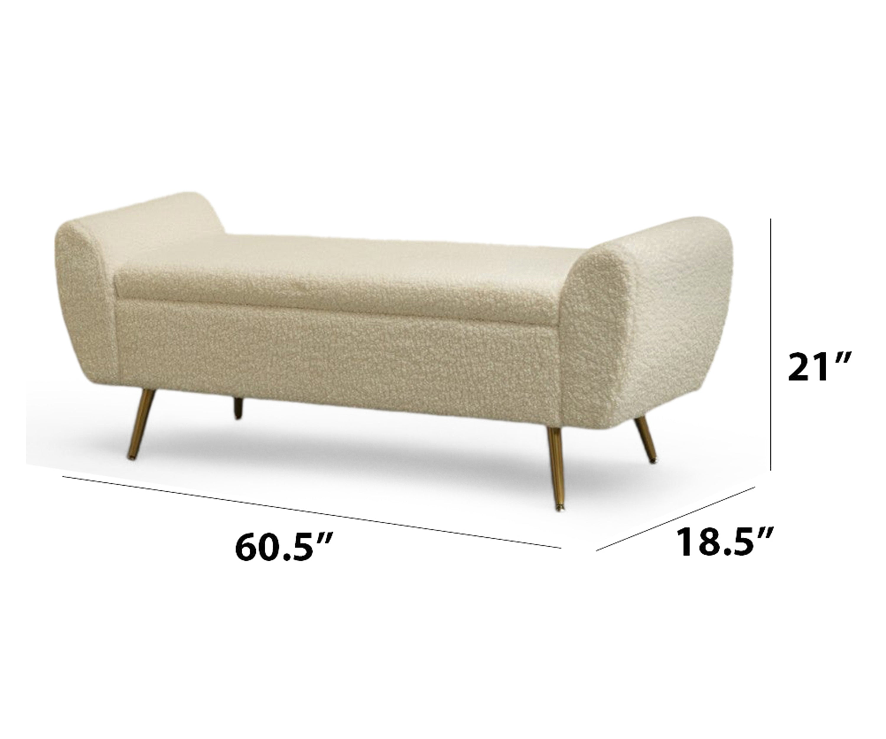 Ivory Bouclé Storage Bench with Golden Metal Legs