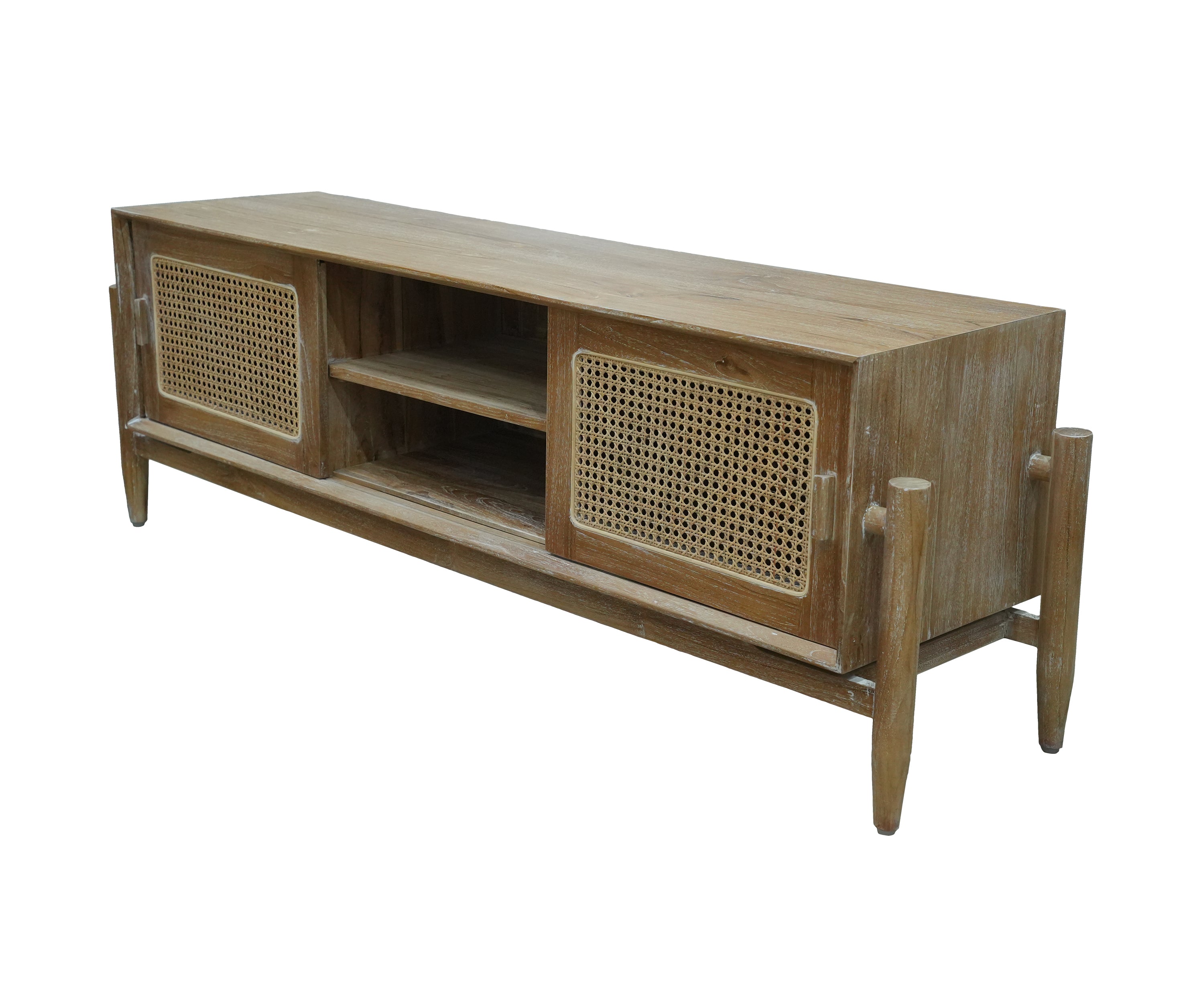 Natural Teak & Cane Low TV Unit