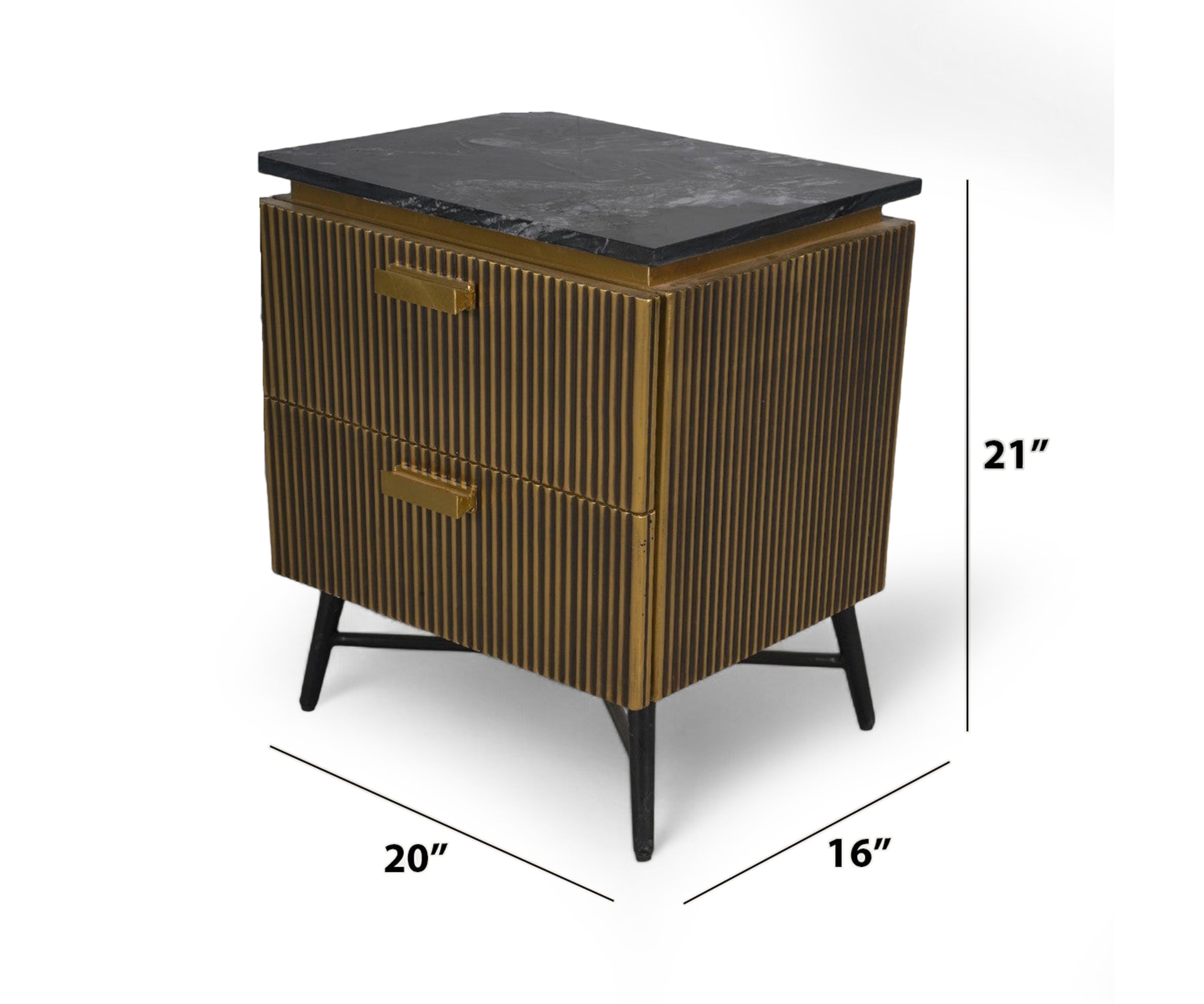 Fluted Brass 2-Drawer Bed Side Table with Black Marble Top