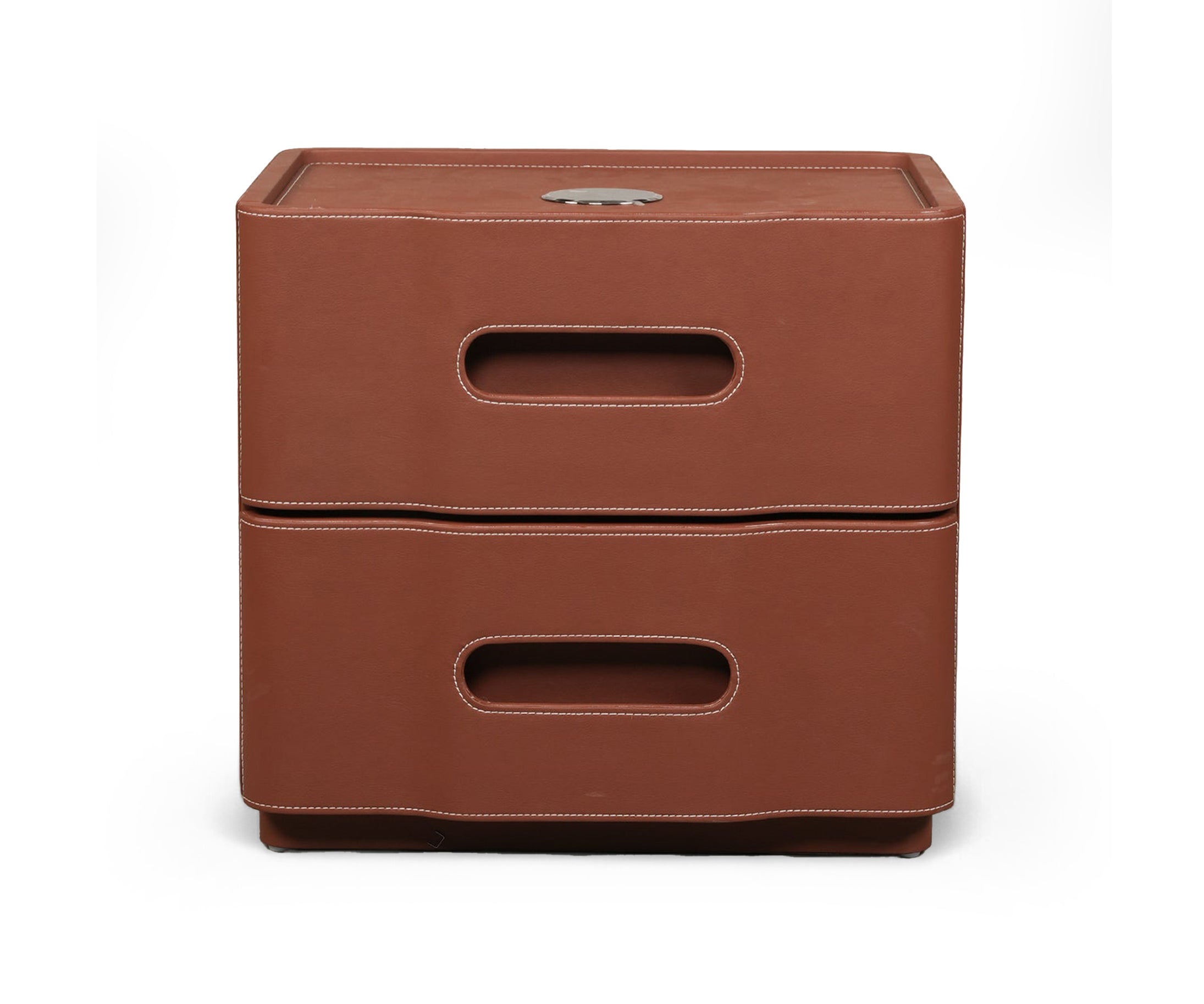 Cognac Leather Wrapped 2-Drawer Bed Side Table with Cutout Handles